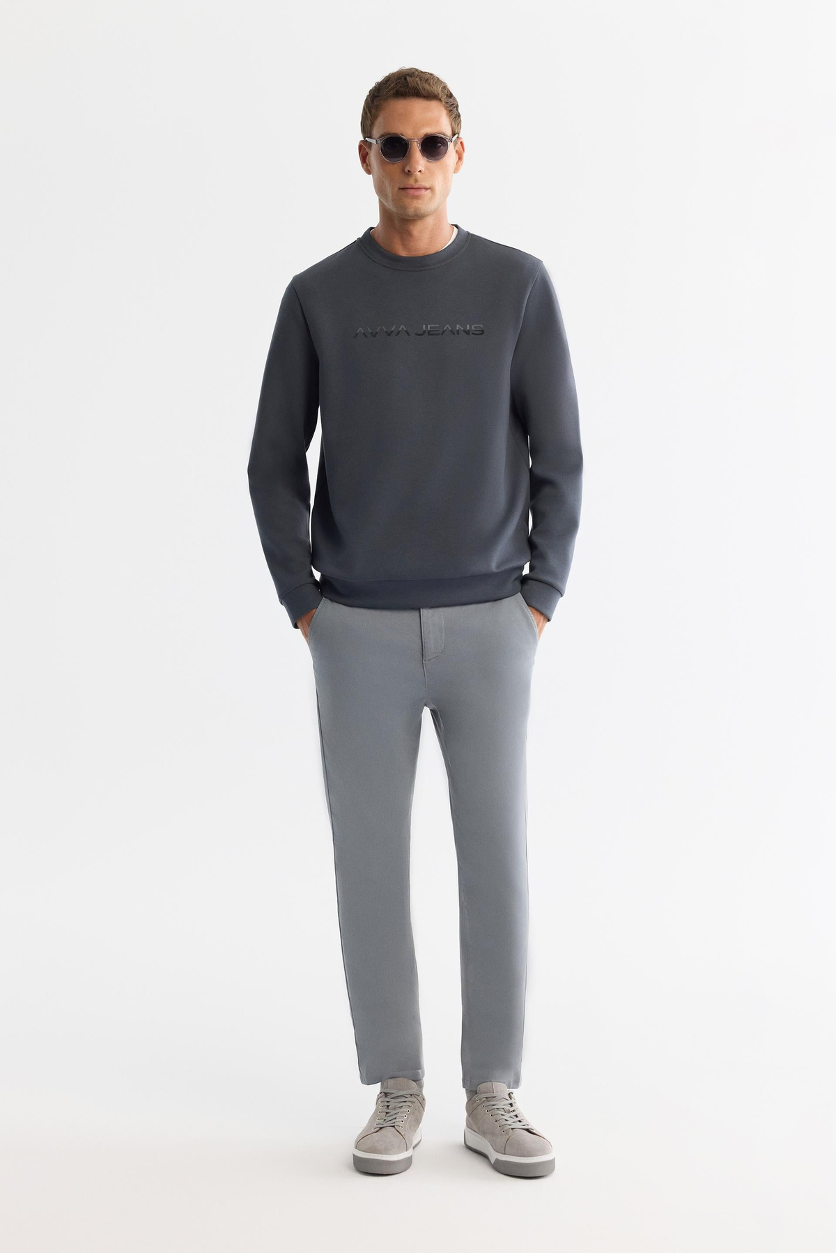Antrasit Bisiklet Yaka Pamuklu Baskılı Sweatshirt