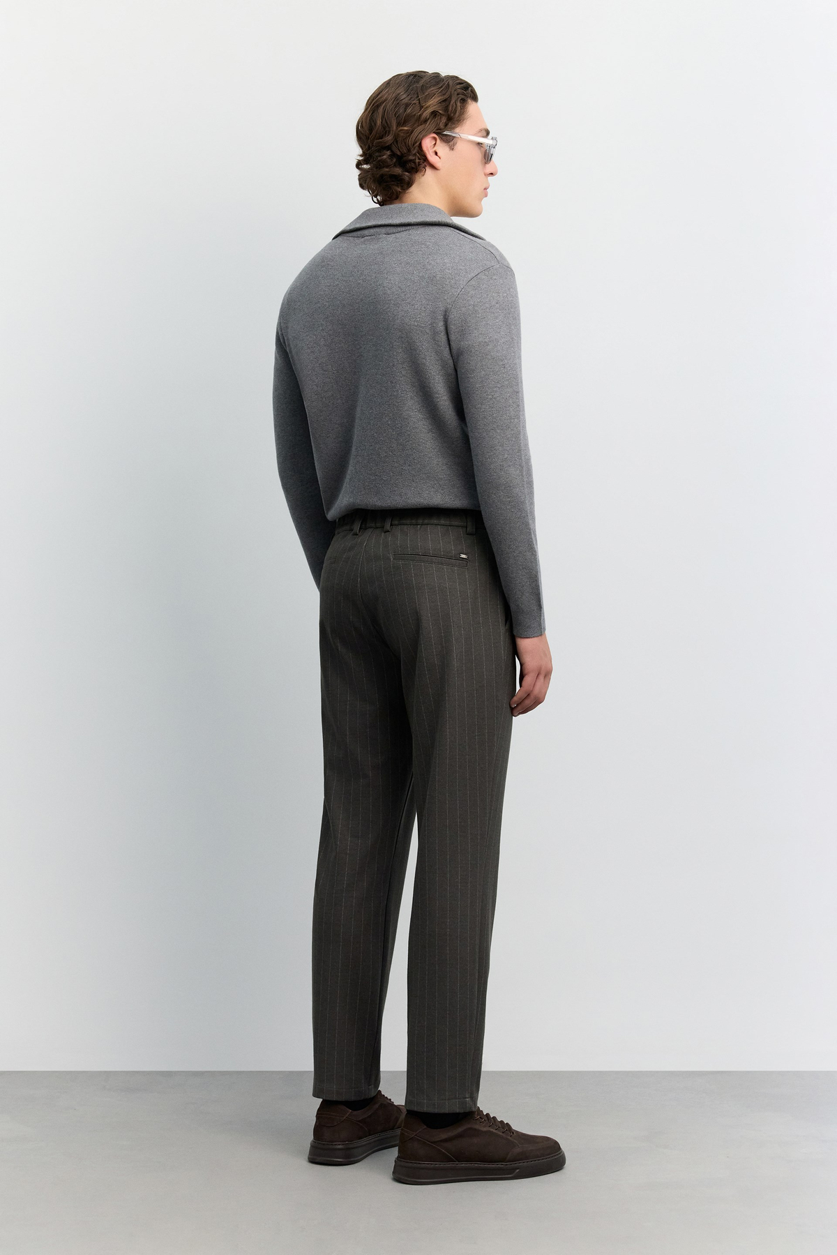 Antrasit Çizgili Flanel Örme Relaxed Fit Pantolon
