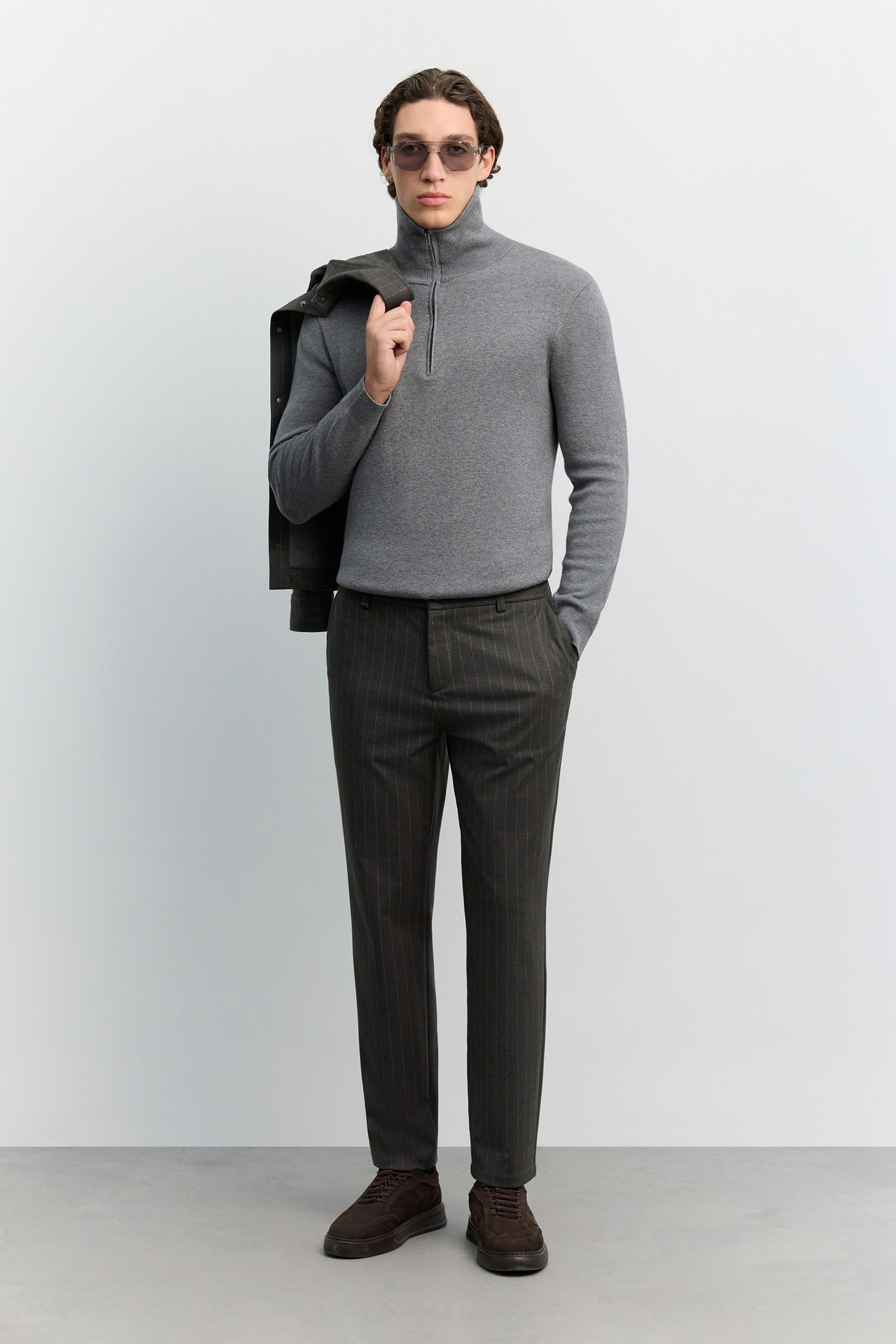 Antrasit Çizgili Flanel Örme Relaxed Fit Pantolon