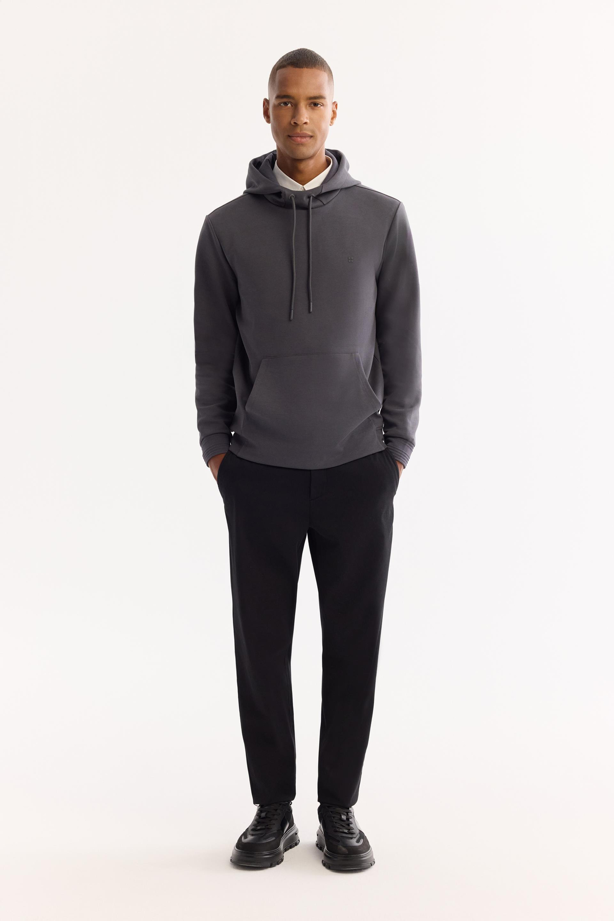 Antrasit Kapüşonlu Yaka Kanguru Cepli   İnterlok Sweatshirt