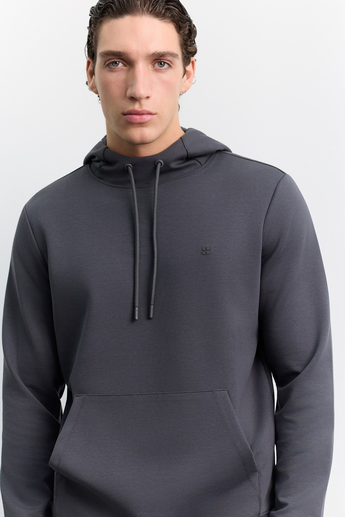 Antrasit Kapüşonlu Yaka Kanguru Cepli İnterlok Sweatshirt
