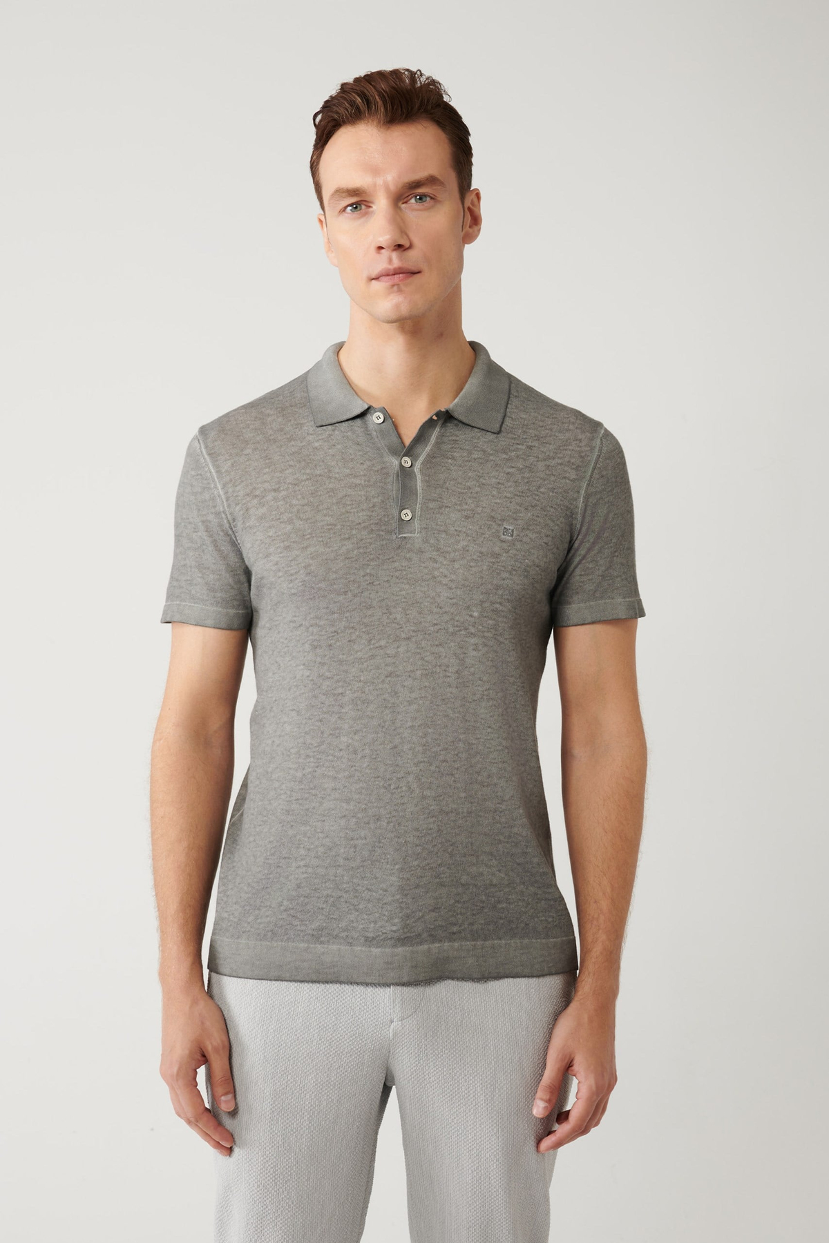 Antrasit Polo Yaka Boya Efektli Triko T-shirt