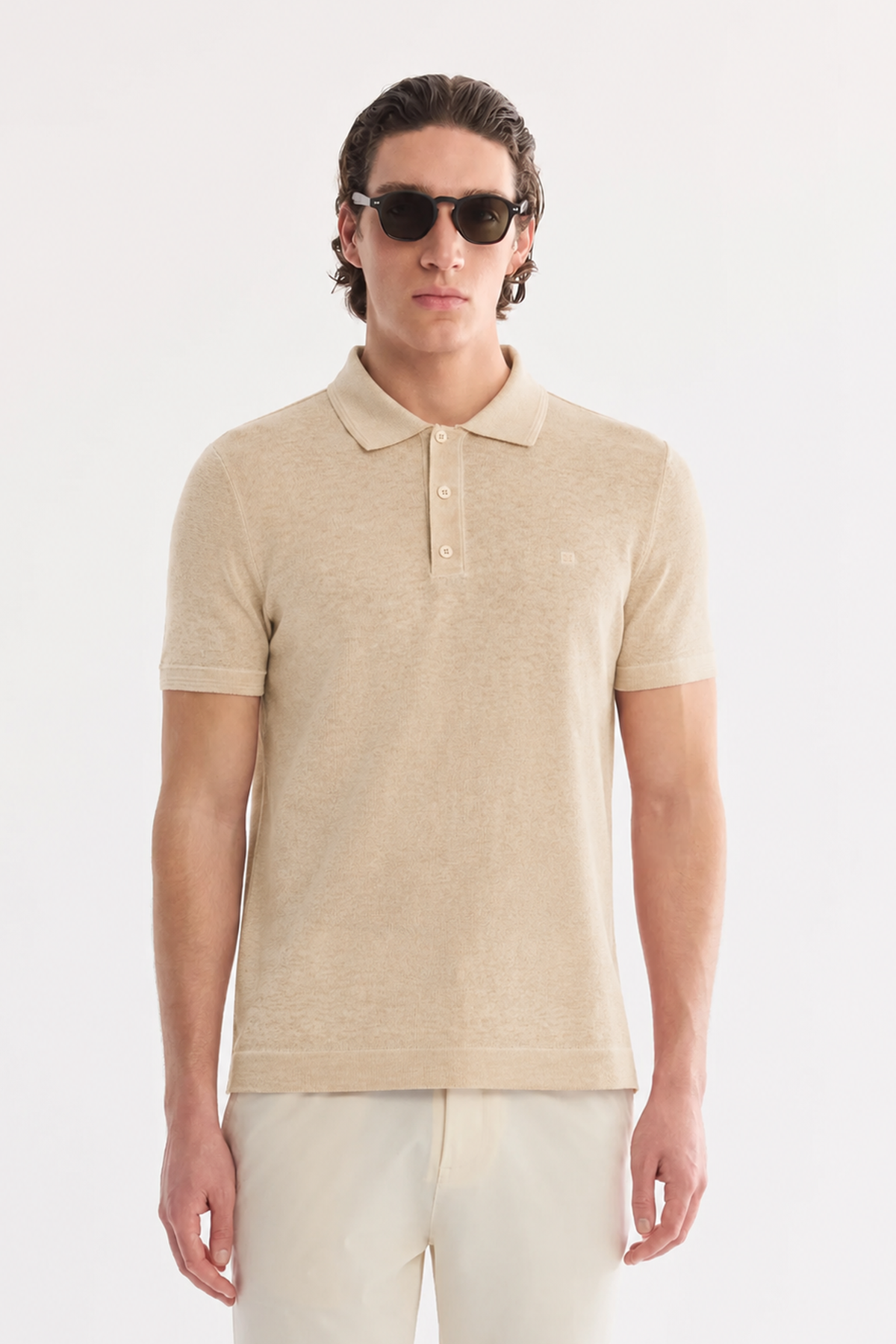 Bej 3 Düğmeli Polo Yaka Triko T-Shirt