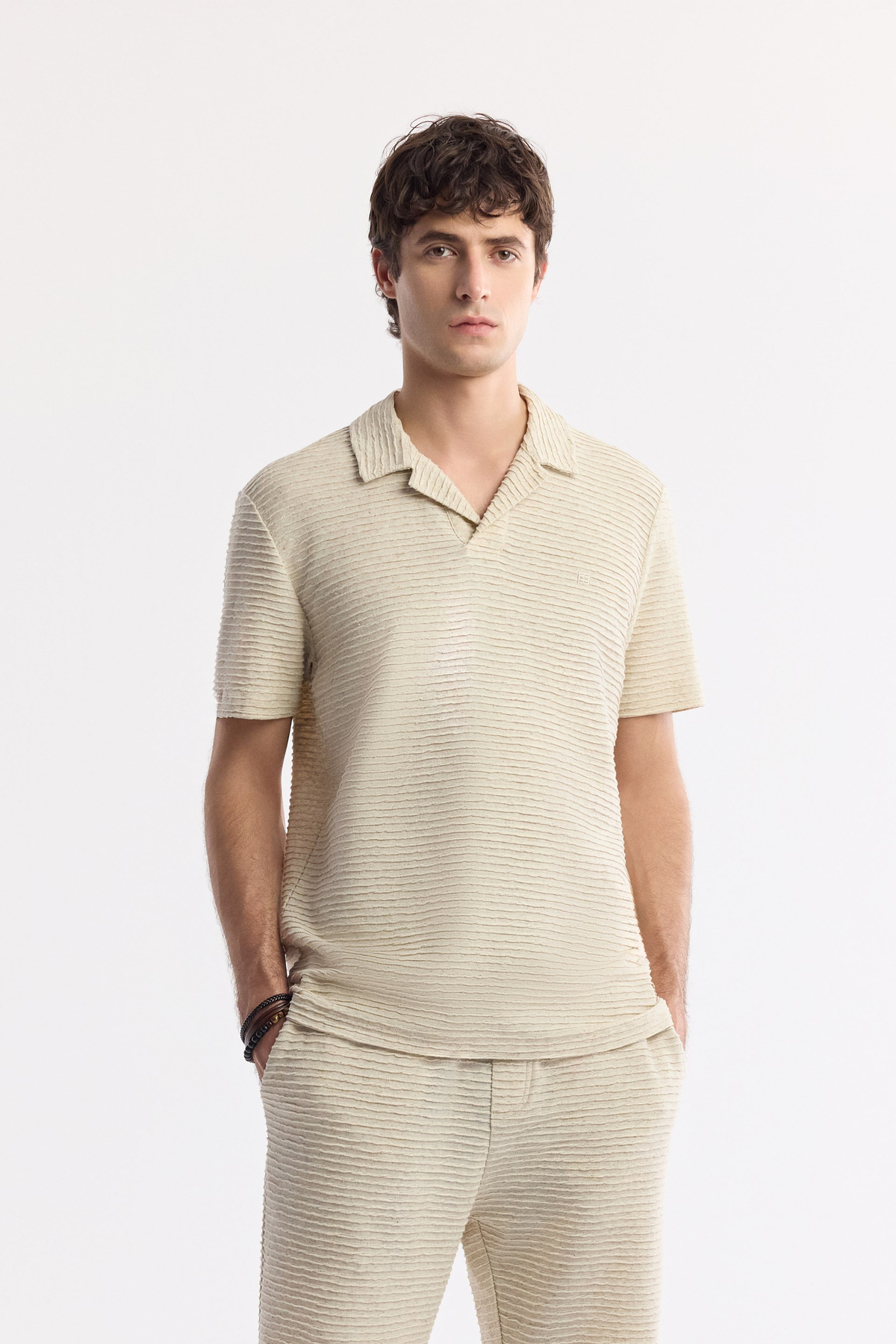 Beige Elastic Waist Drawstring Linen Blend Knit Shorts