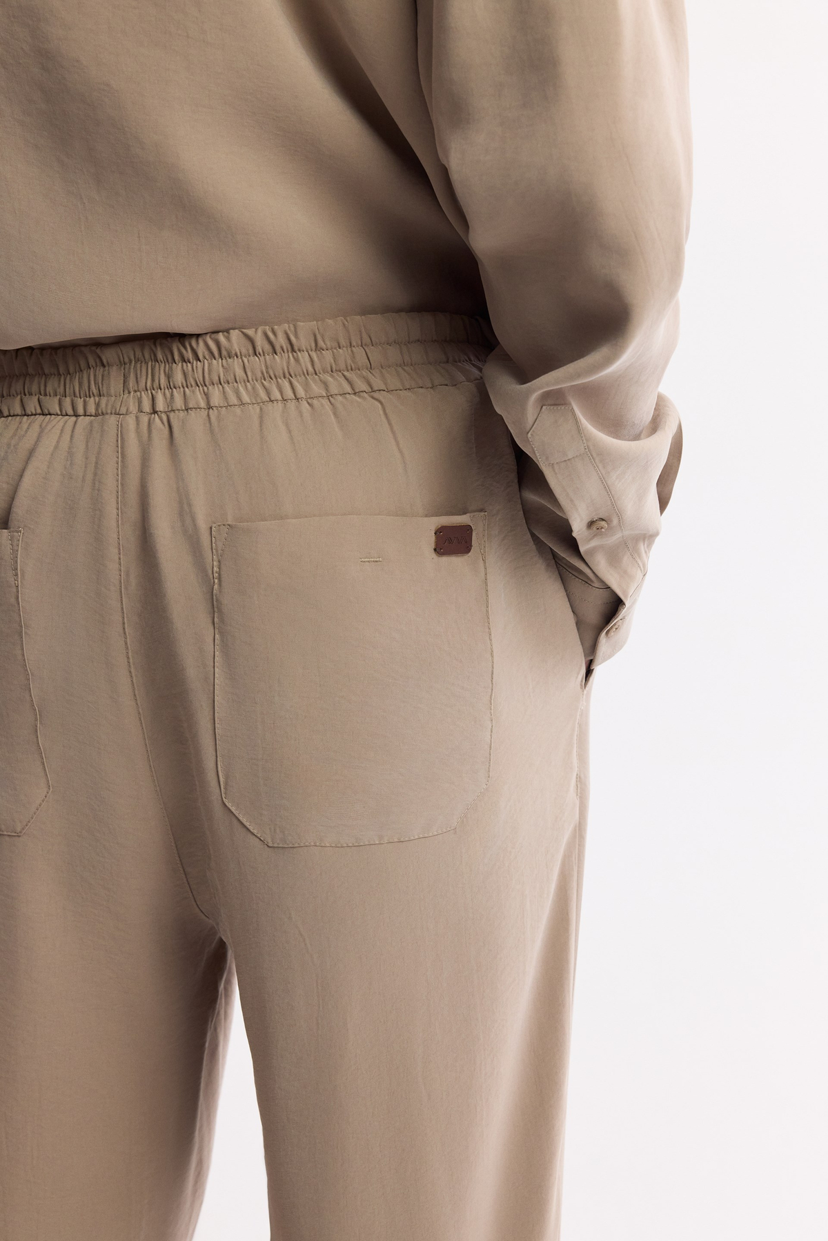  Beige Elastic Waist Drawstring Modal Blend Pants