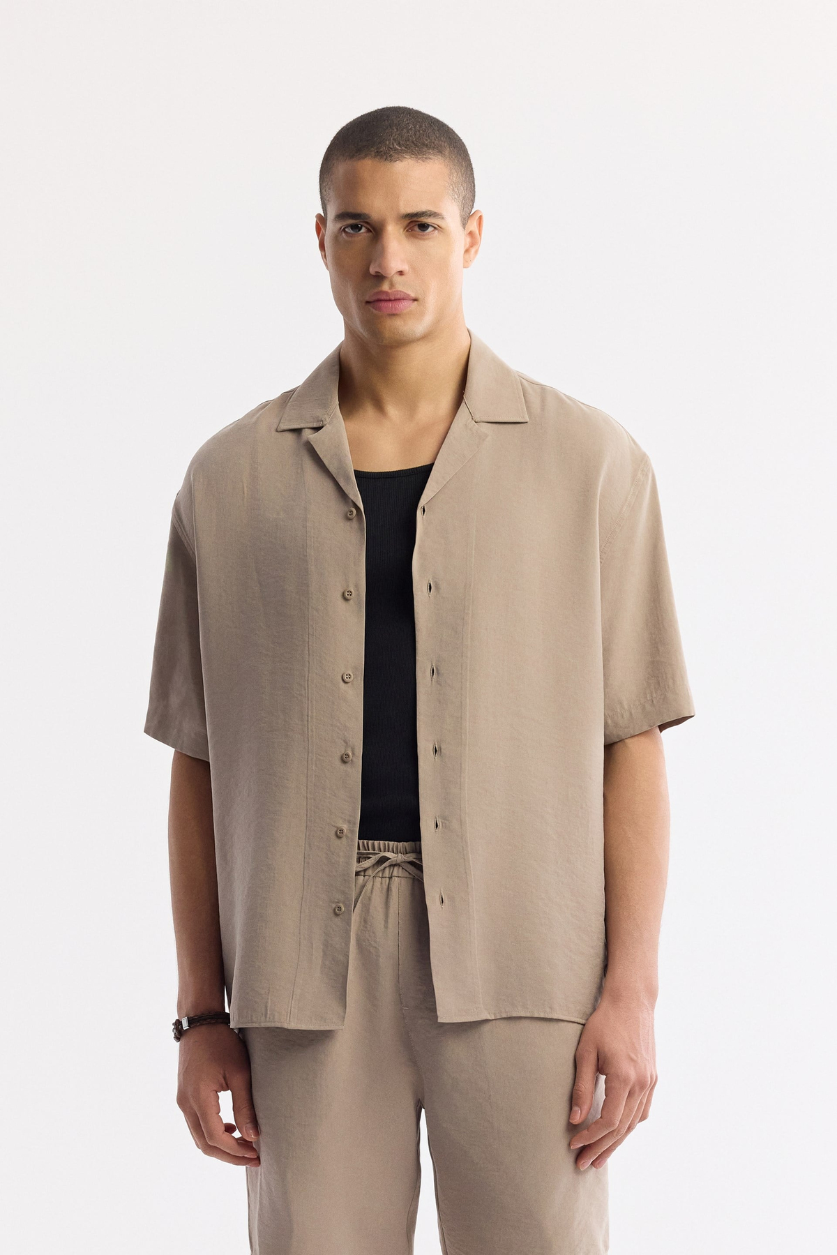 Beige Elastic Waist Drawstring Modal Blend Shorts