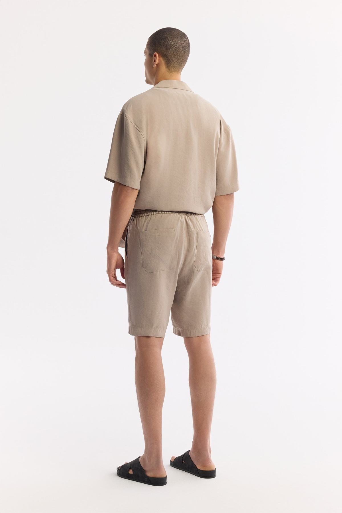 Beige Elastic Waist Drawstring Modal Blend Shorts