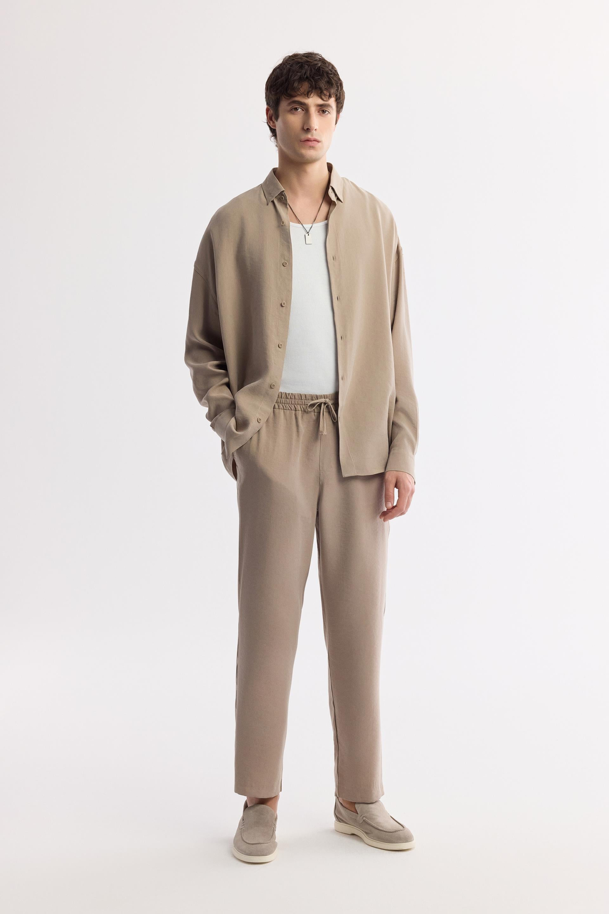 Bej Beli Lastikli Modal Karışımlı Rahat Kesim Truva Relaxed Fit Pantolon