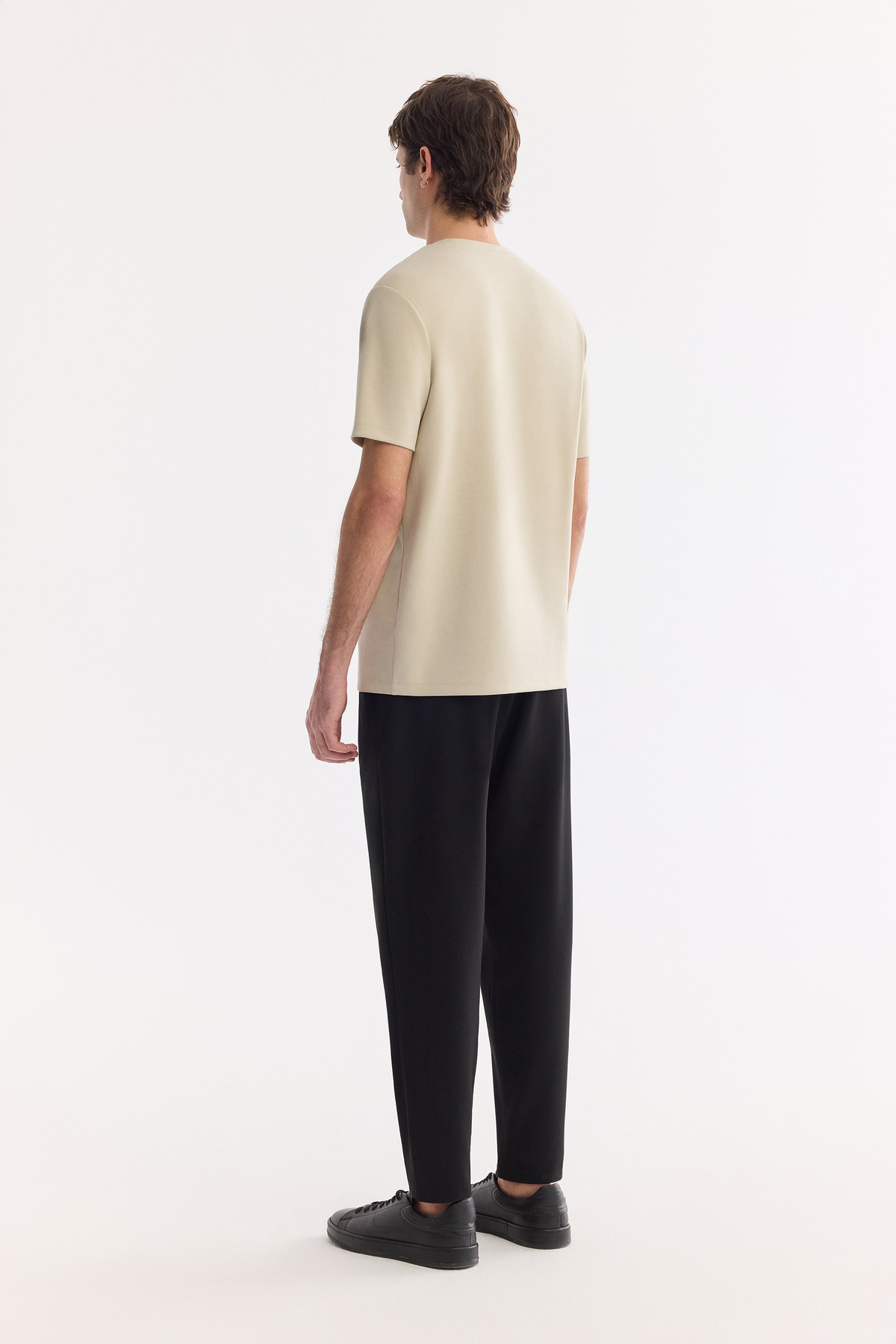 Bej Bisiklet Yaka Baskılı Bi-Stretch İnterlok T-Shirt
