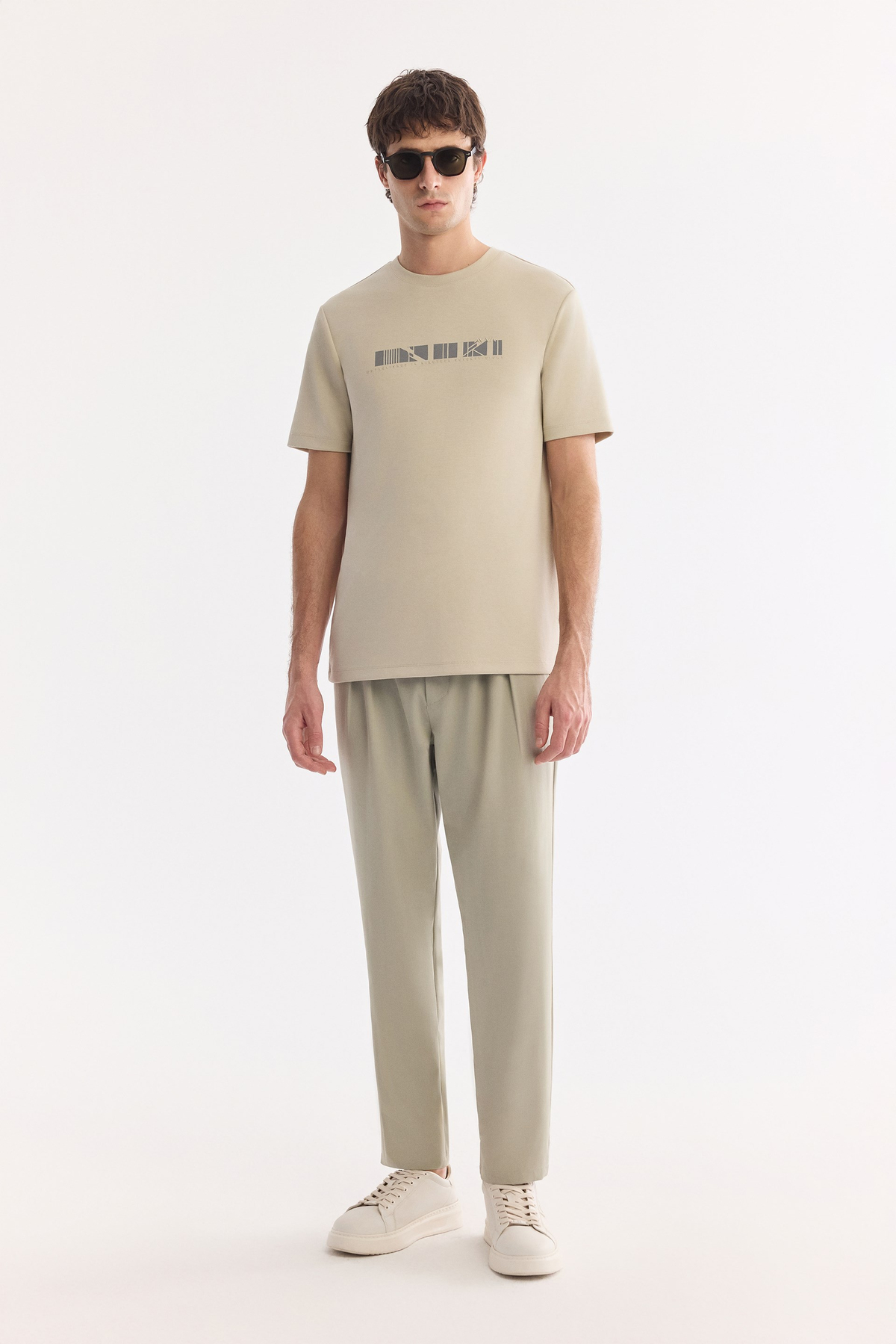 Bej Bisiklet Yaka Baskılı Bi-Stretch İnterlok T-Shirt