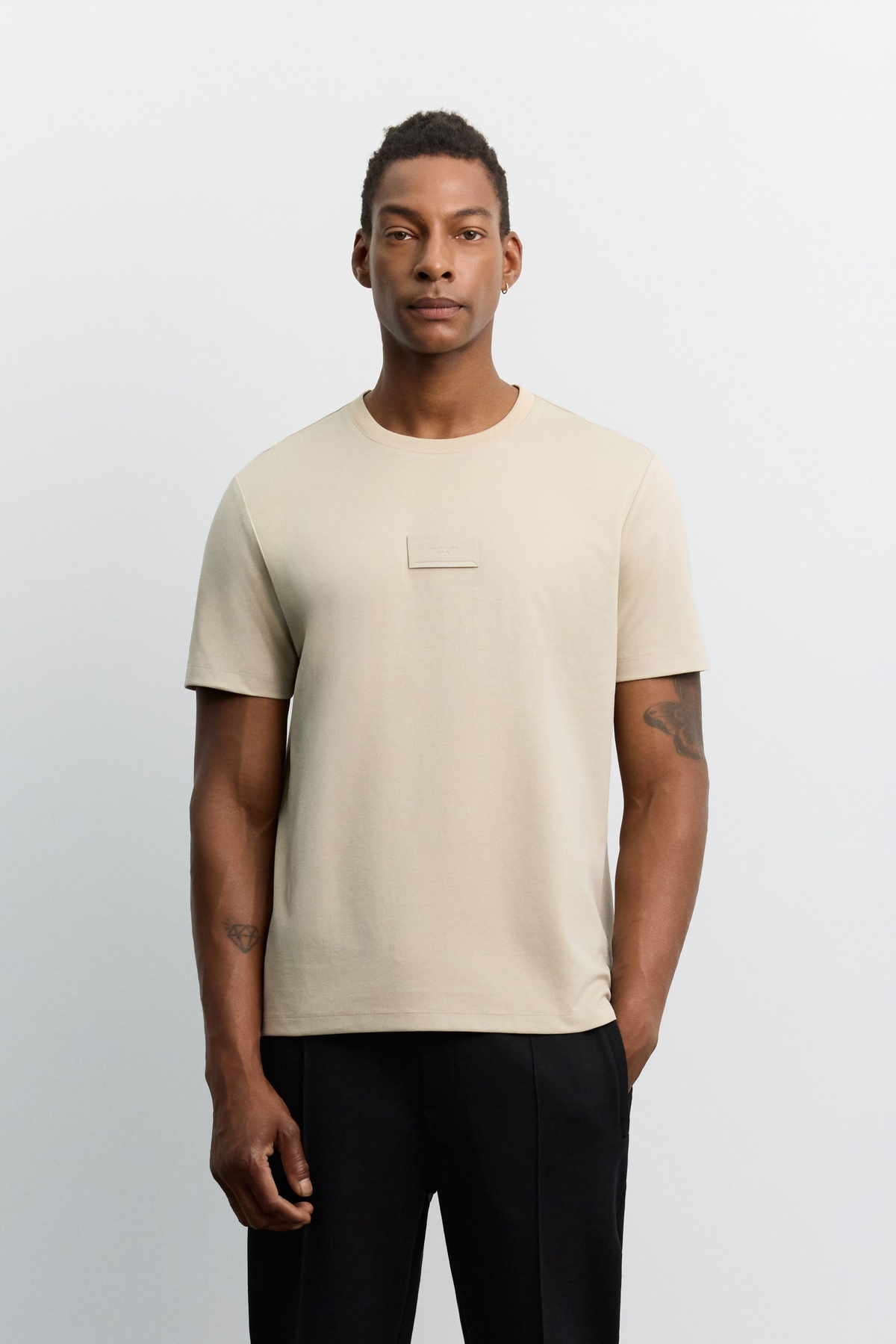 Bej Bisiklet Yaka Jacron  Baskılı İnterlok T-Shirt
