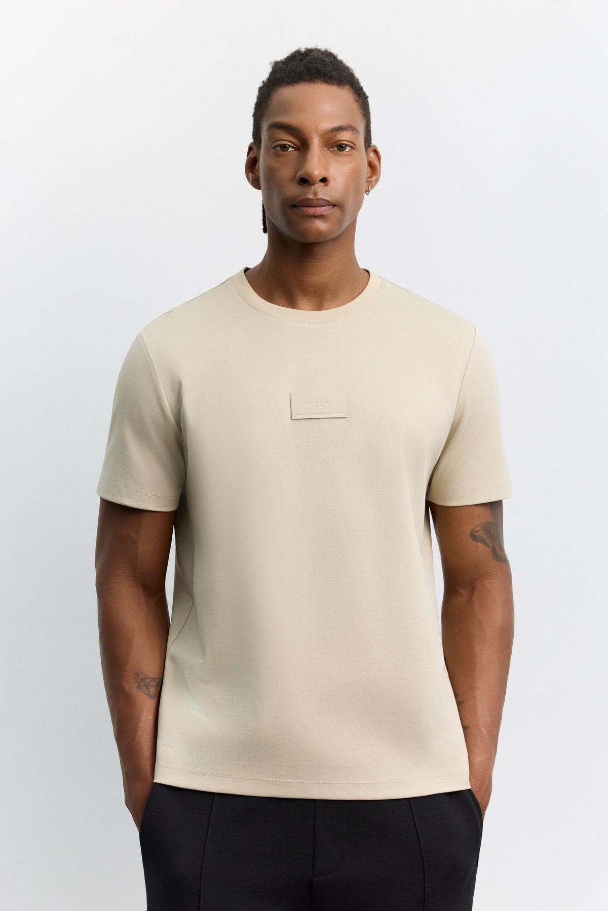 Bej Bisiklet Yaka Jacron  Baskılı İnterlok T-Shirt