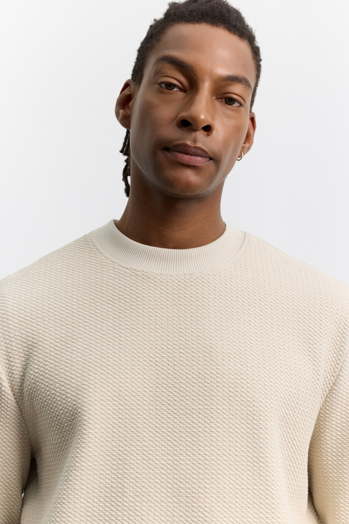 Bej Bisiklet Yaka Jakarlı Sweatshirt