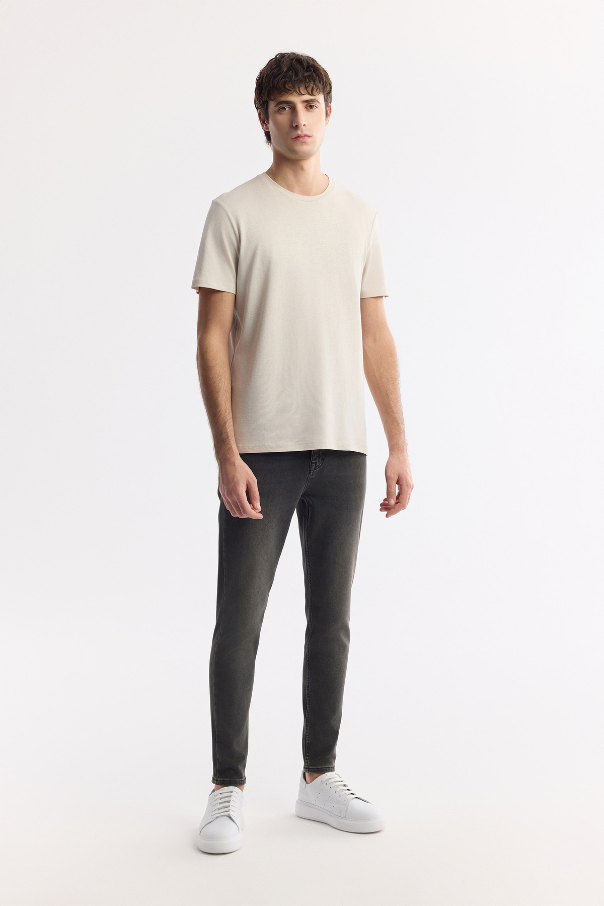Bej Bisiklet Yaka Soft Touch Basic T-Shirt