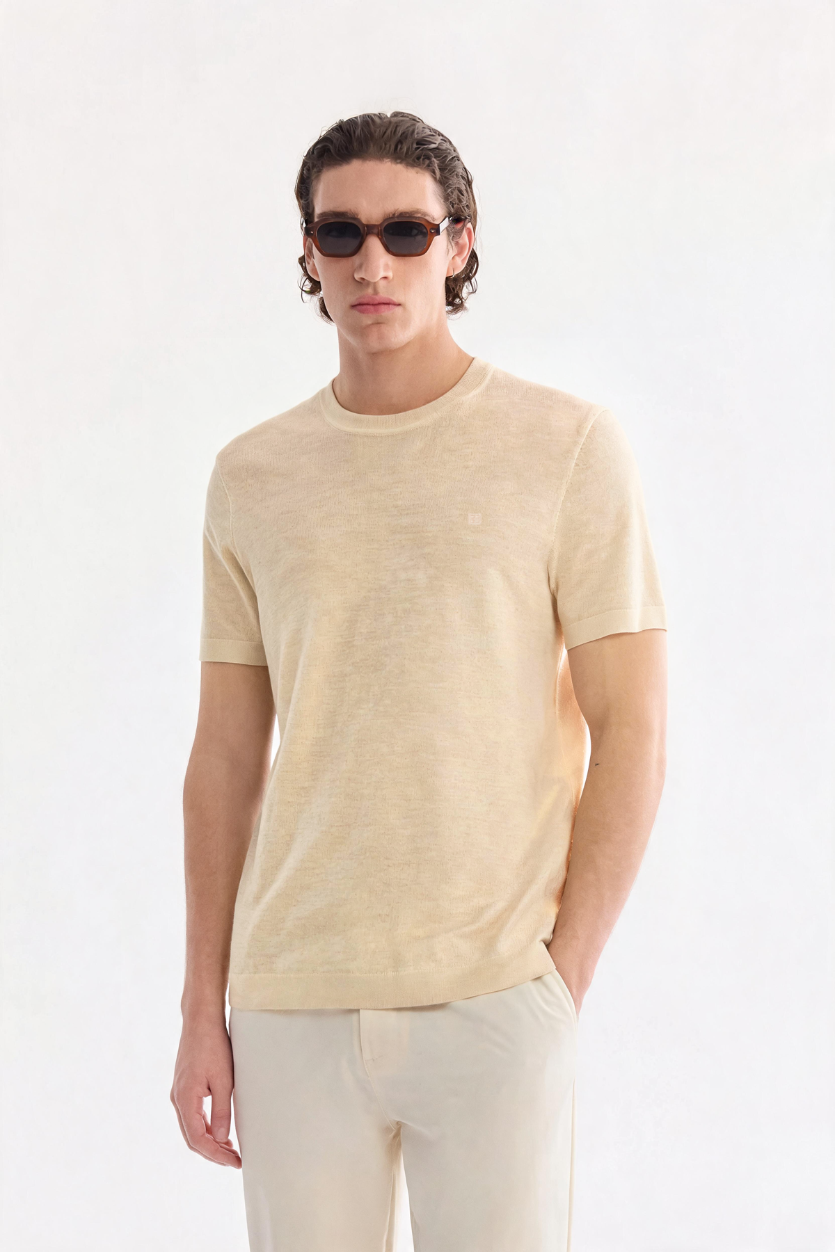 Bej Bisiklet Yaka Triko T-Shirt 