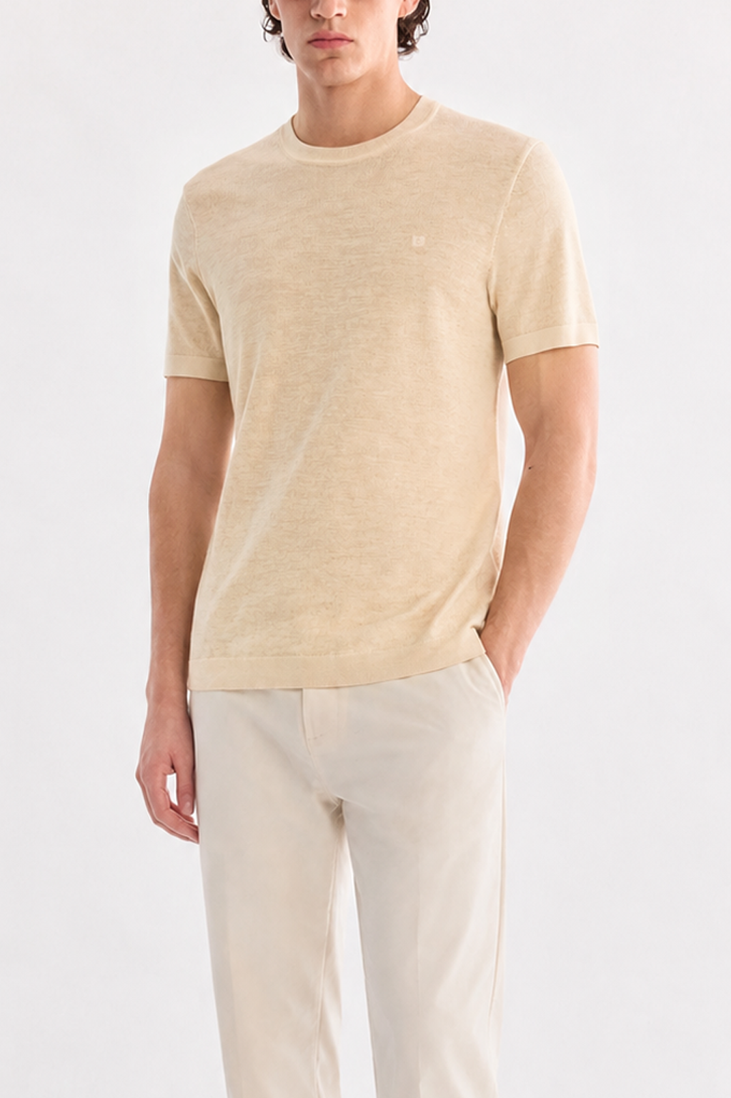 Bej Bisiklet Yaka Triko T-Shirt 