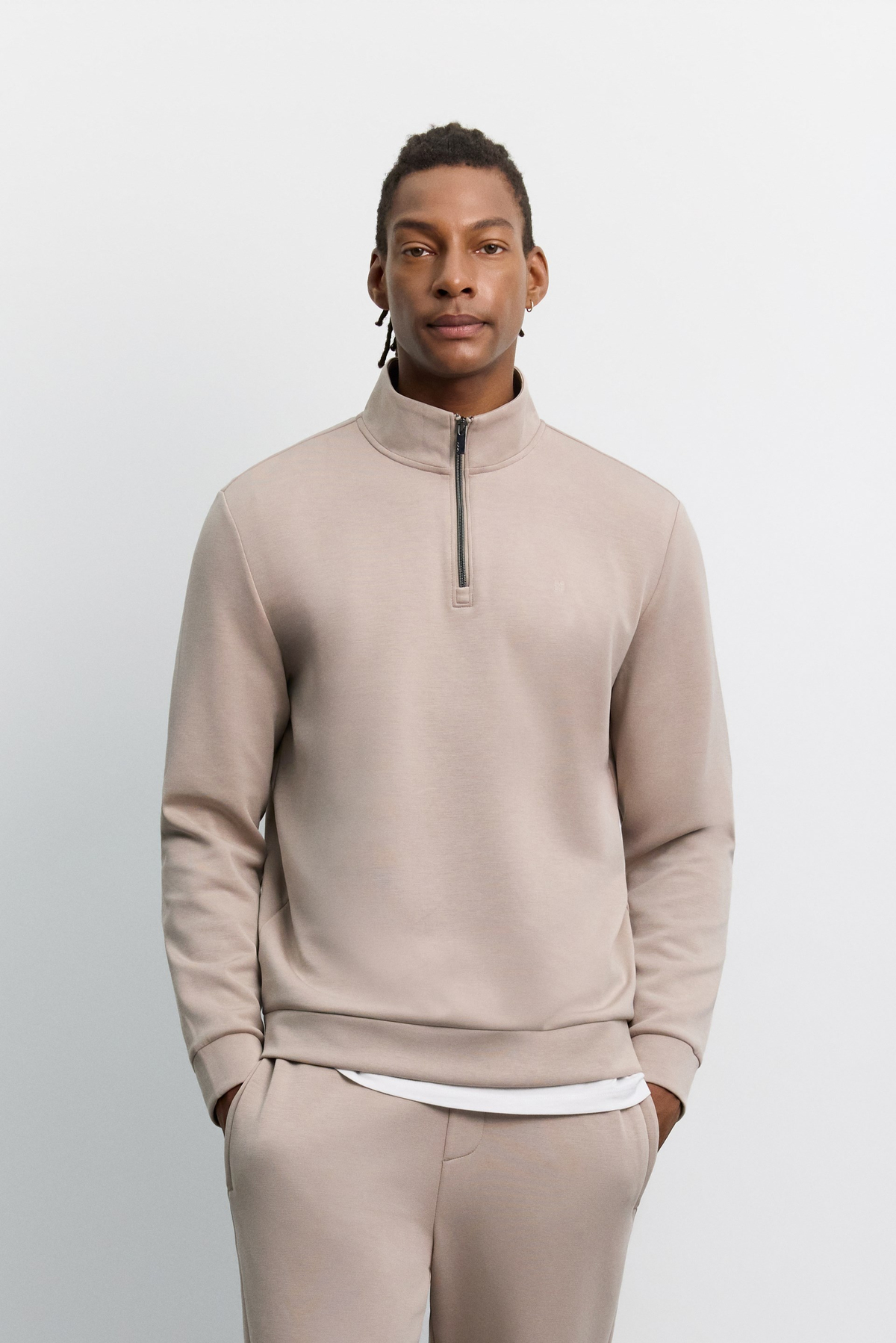 Bej Dik Yaka Fermuarlı İçi Polar Cupra Sweatshirt