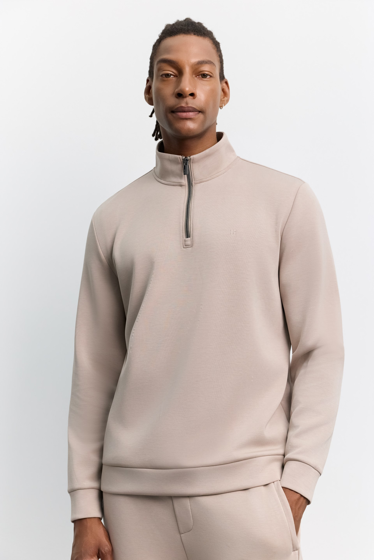 Bej Dik Yaka Fermuarlı İçi Polar Cupra Sweatshirt
