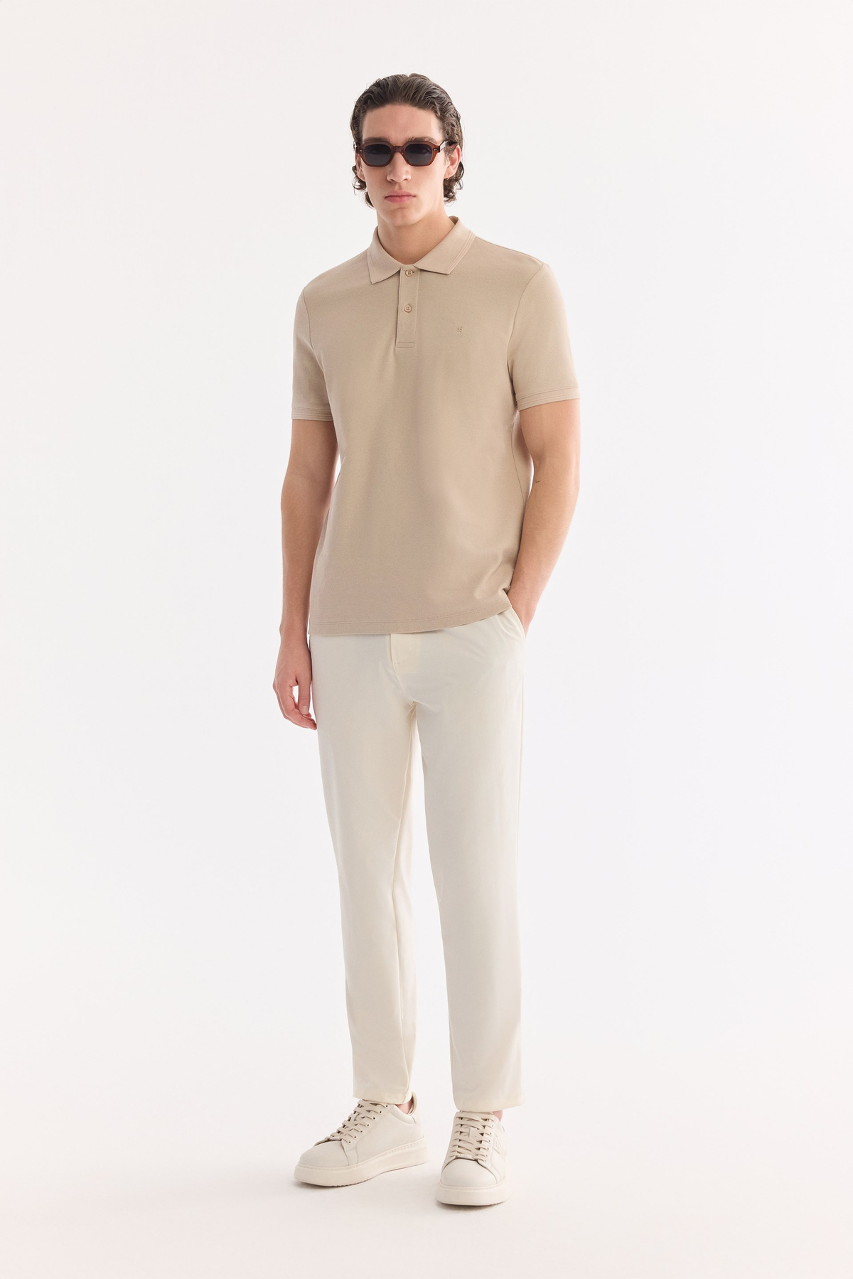 Bej Kıvrılmaz Polo Yaka %100 Pamuk Basic T-Shirt
