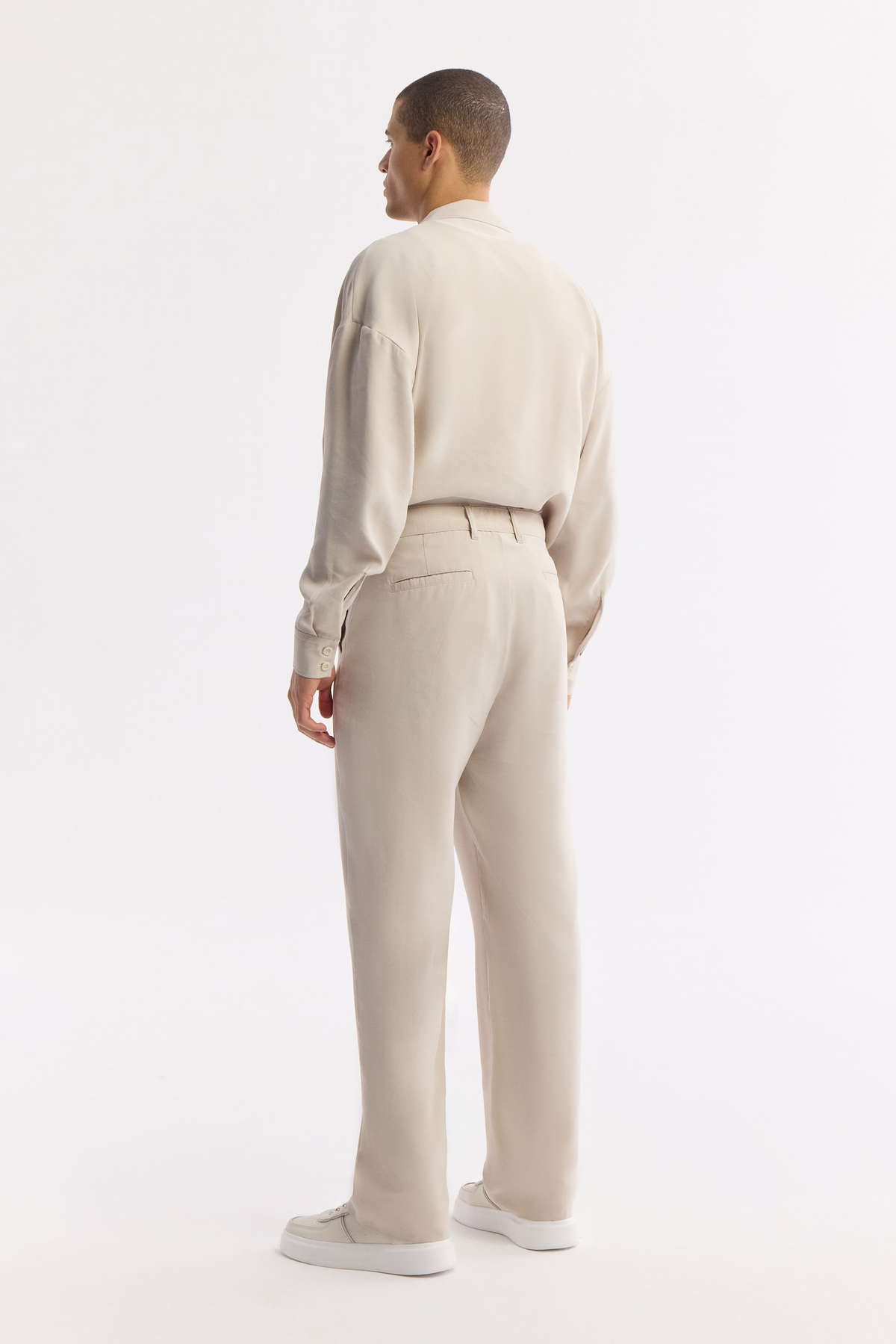  Beige Classic Waist Buckle Detail Modal Blend Pants