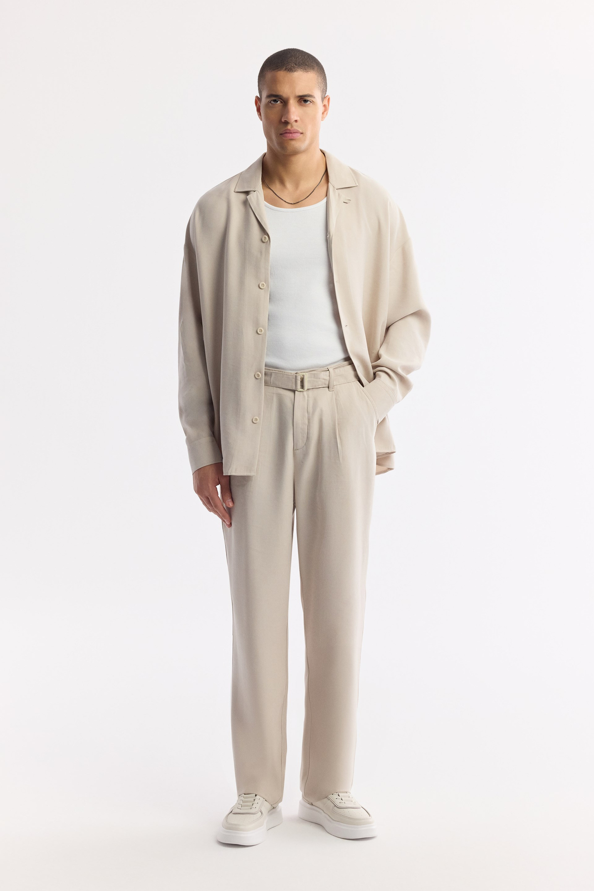  Beige Classic Waist Buckle Detail Modal Blend Pants