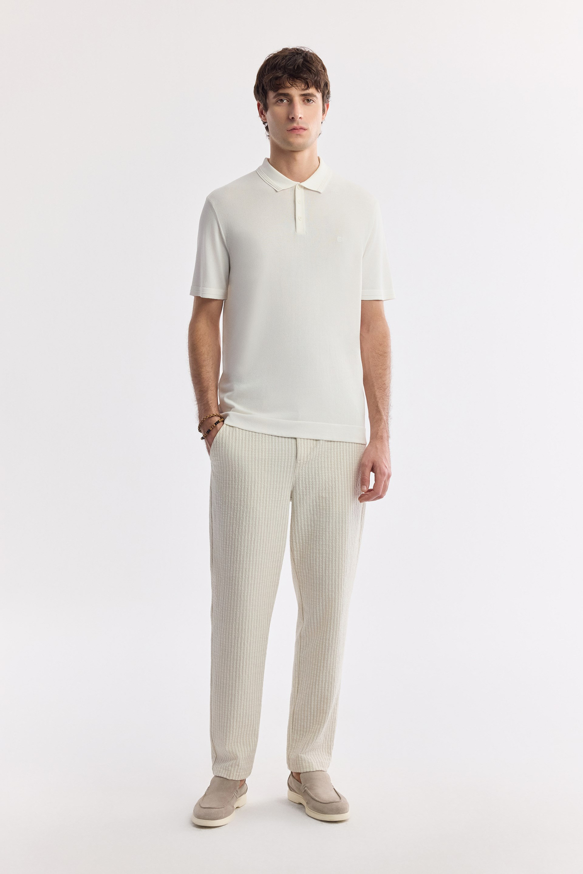  Beige Classic Waist Viscose Blend Puckered Pants