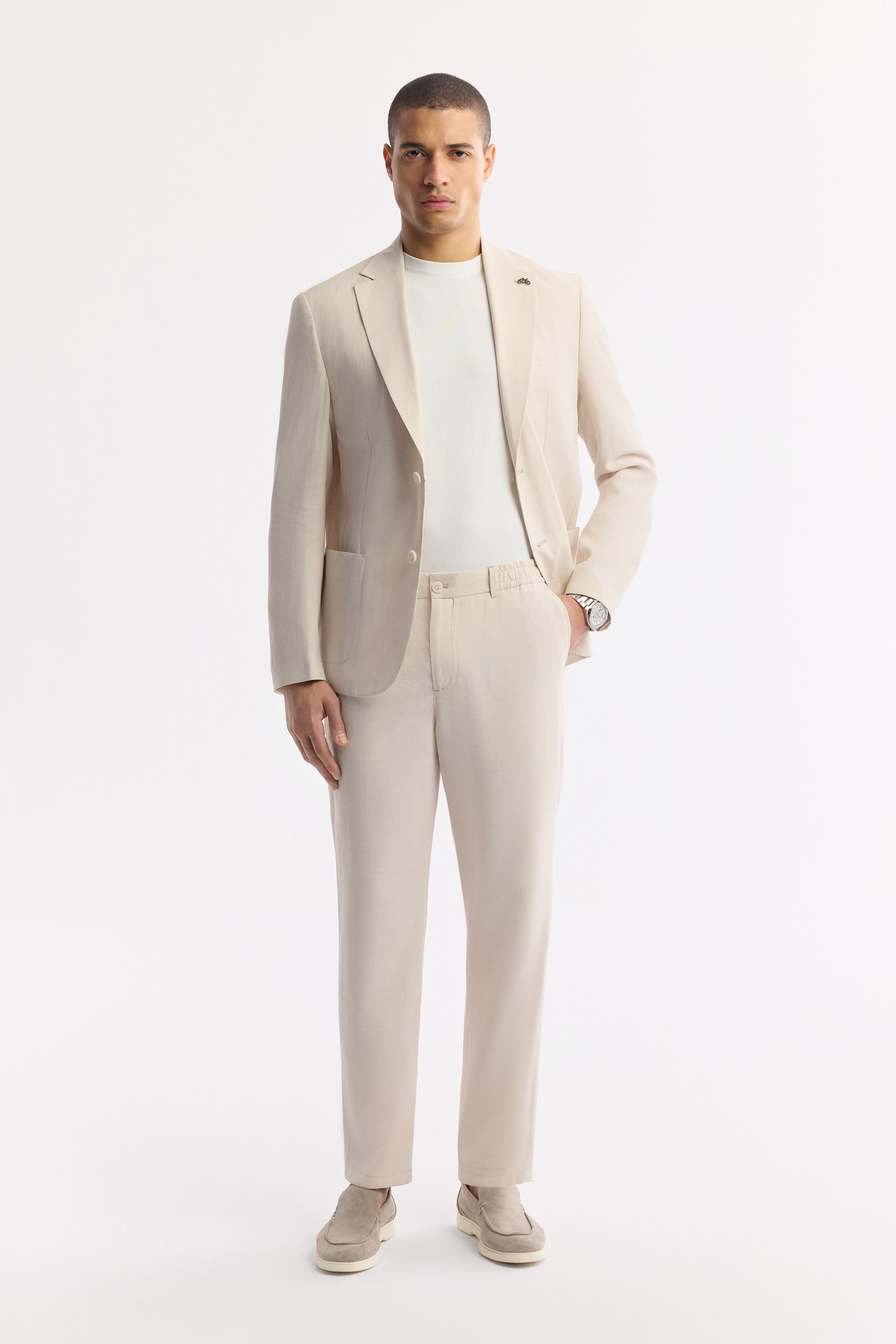 Beige Soft Touch Elastic Waist Pants with Side Pockets
