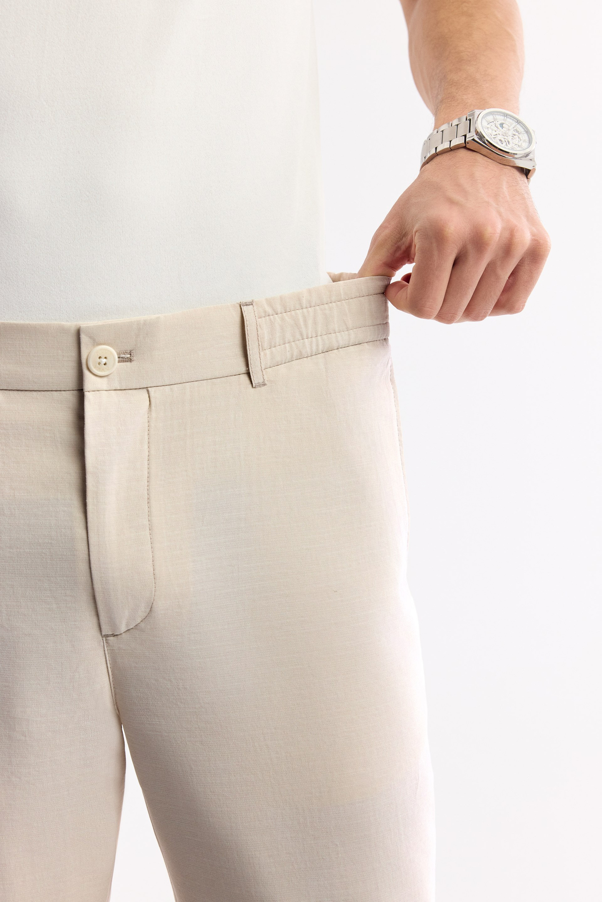 Beige Soft Touch Elastic Waist Pants with Side Pockets