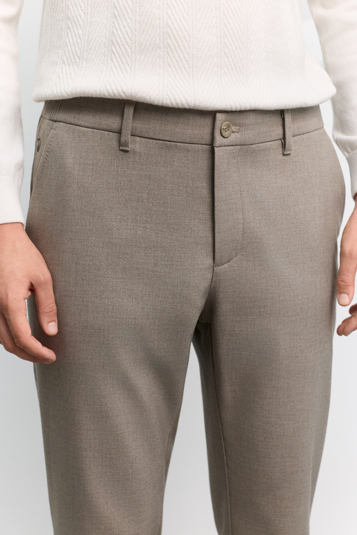 Bej Yanı Lastikli Fermuar Detaylı Yumuşak Tuşeli Yün Karışımlı Slim Fit Pantolon