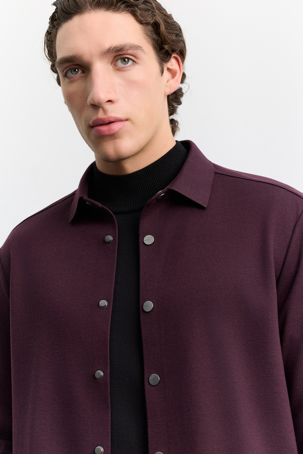 Bordo Klasik Yaka Çıtçıt Kapama Detaylı Örme Comfort Fit Gömlek
