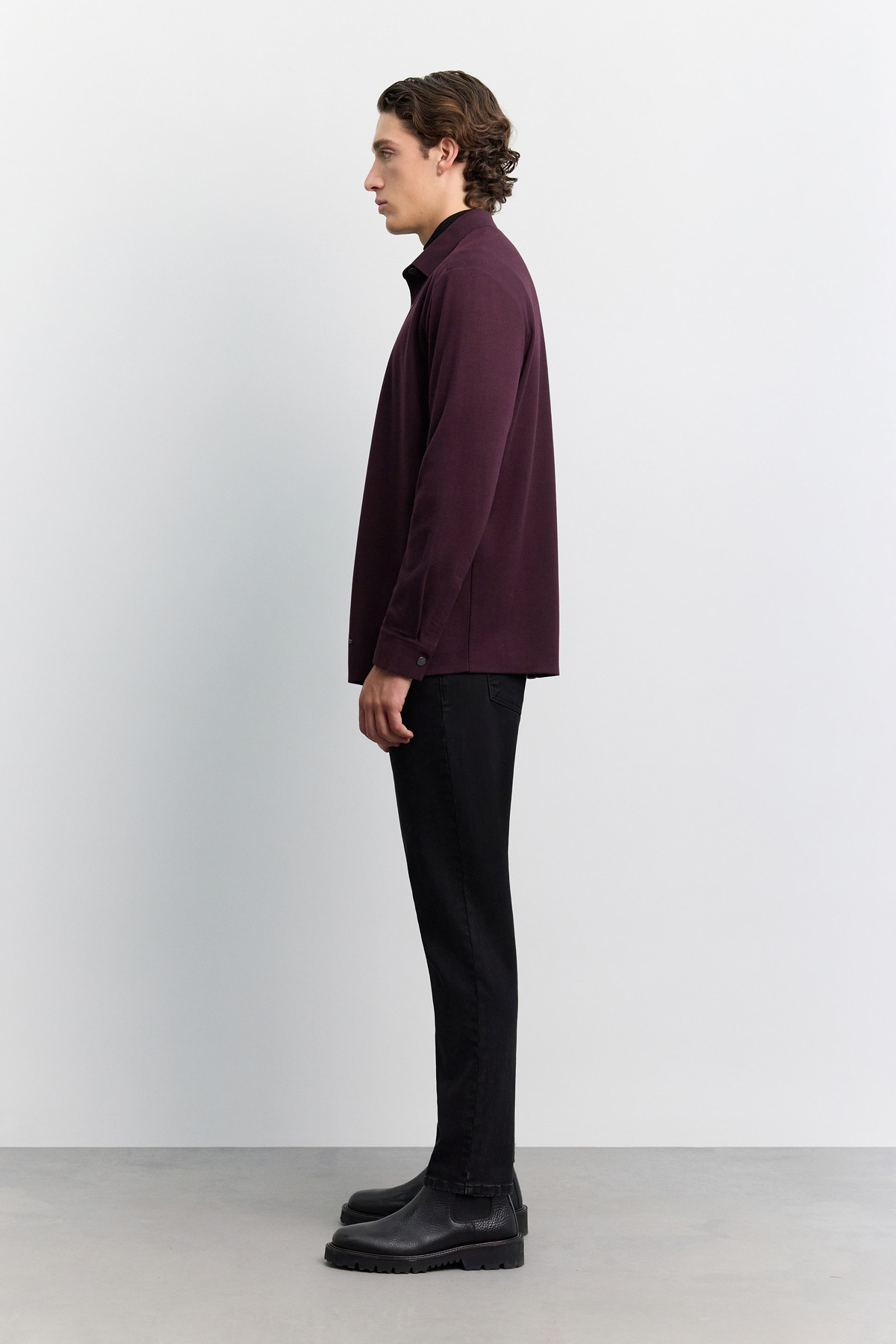 Bordo Klasik Yaka Çıtçıt Kapama Detaylı Örme Comfort Fit Gömlek