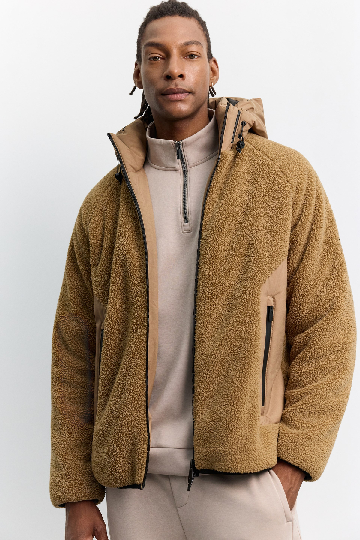Camel Takma Çıkma Kapüşonlu Yaka Peluş Mont