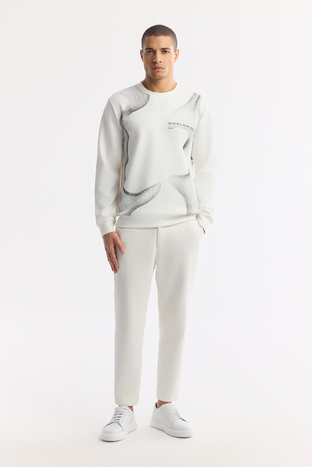 Ekru Bisiklet Yaka Baskılı İnterlok Sweatshirt