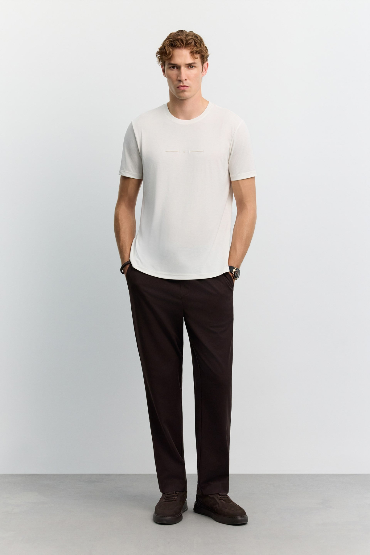 Ekru Bisiklet Yaka Baskılı Soft Touch T-Shirt