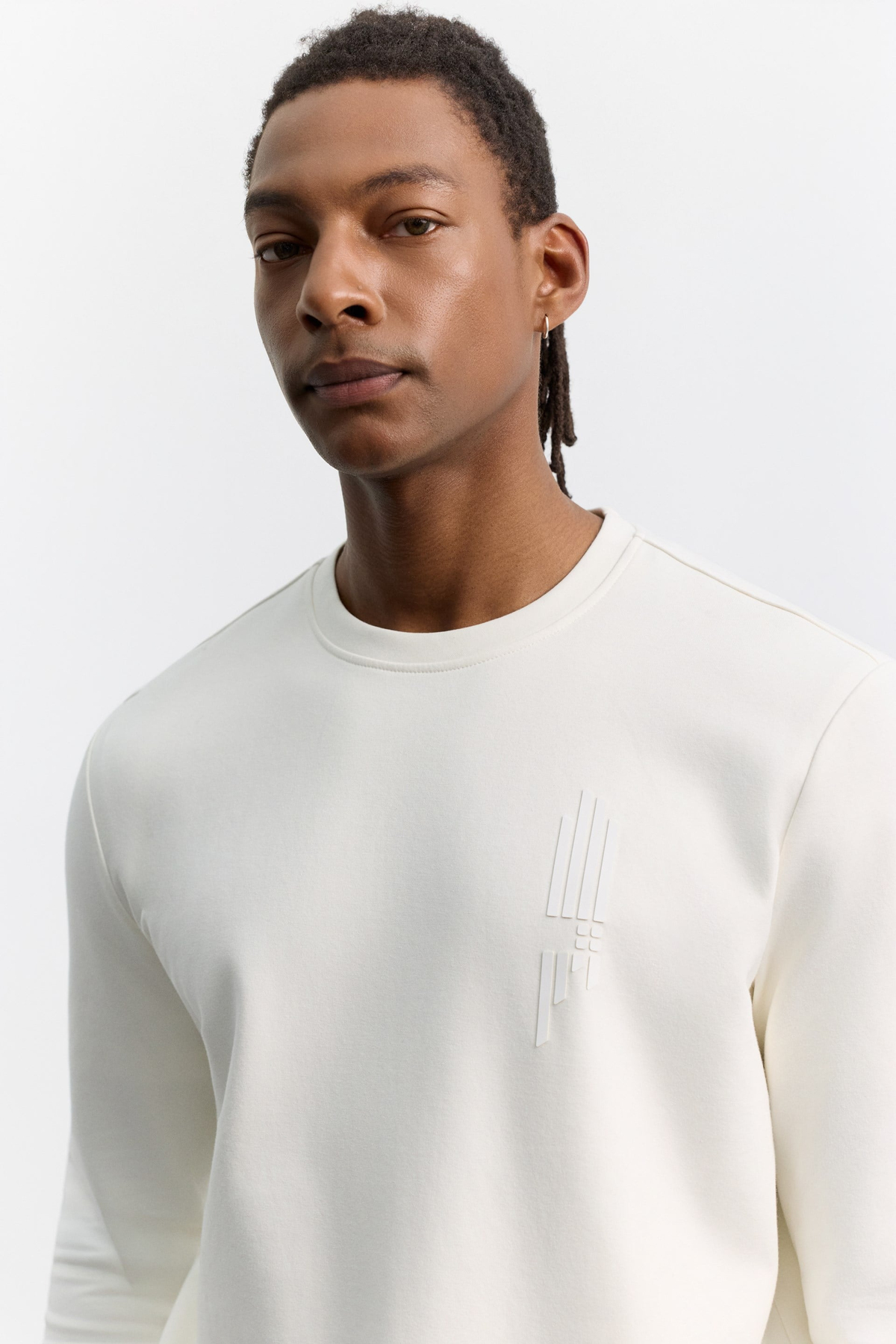 Ekru Bisiklet Yaka Boyuna Çizgi Silikon Baskılı İnterlok Sweatshirt