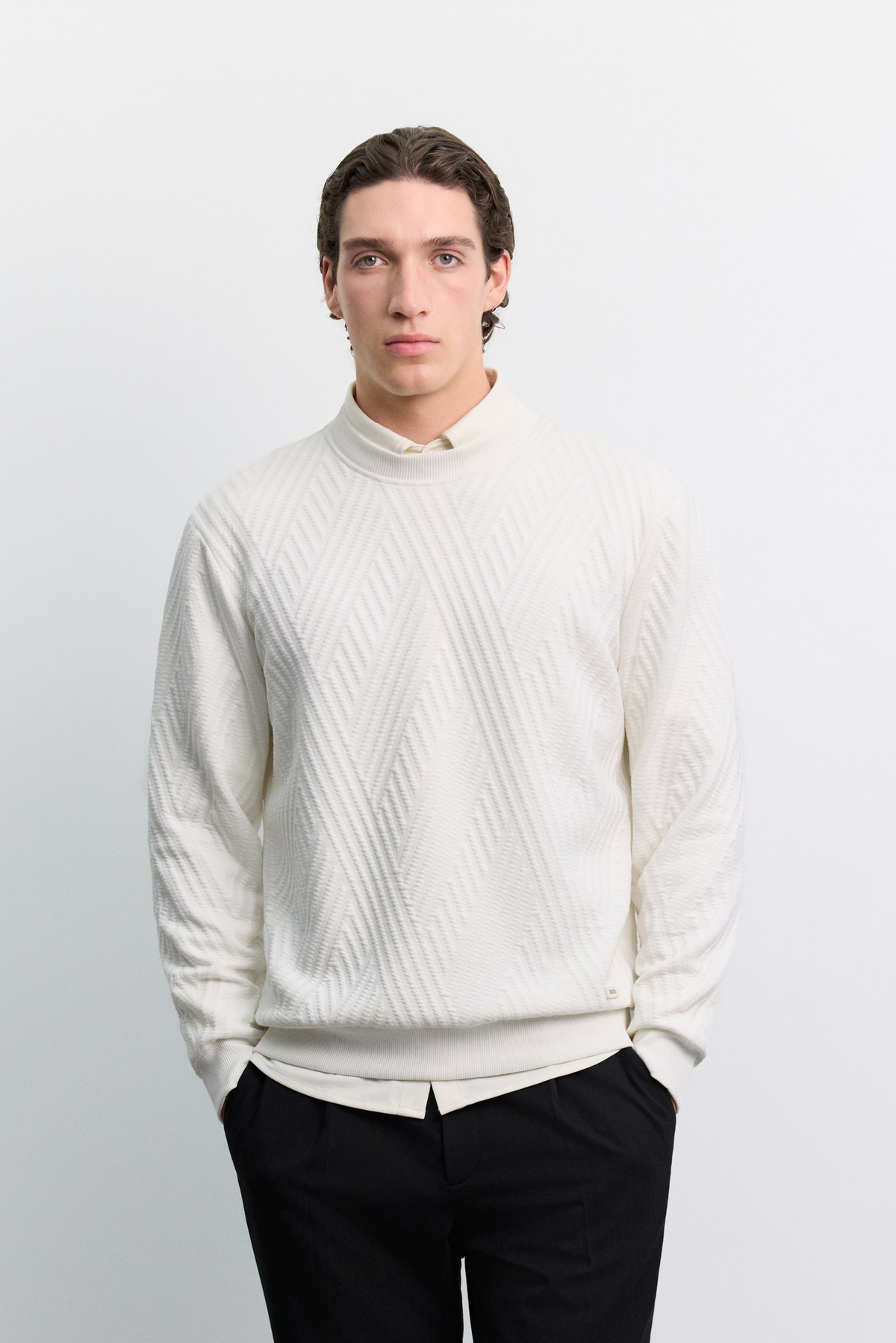 Ekru Bisiklet Yaka Jakarlı Sweatshirt