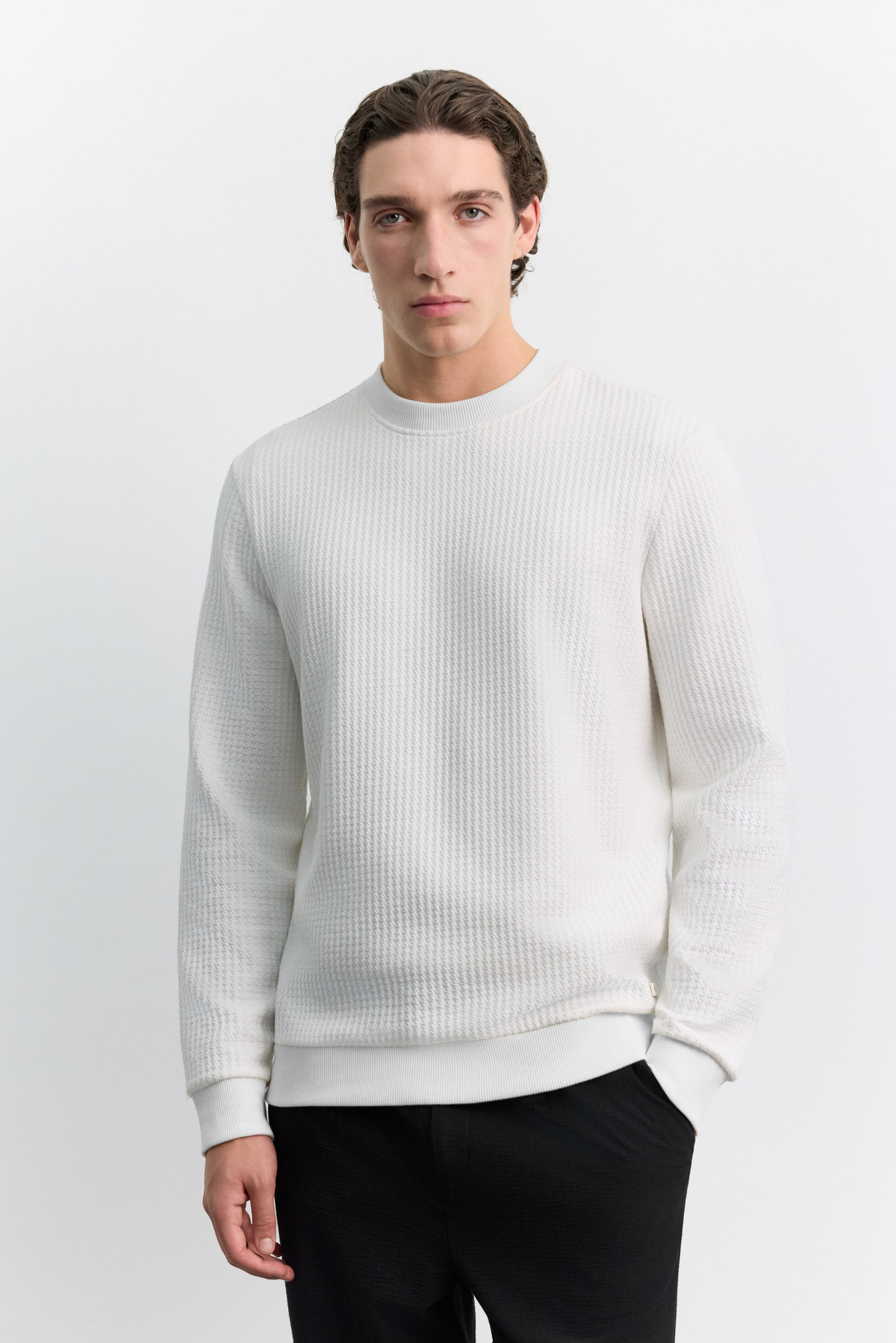 Ekru Bisiklet Yaka Kolay Ütülenen Jakarlı Sweatshirt