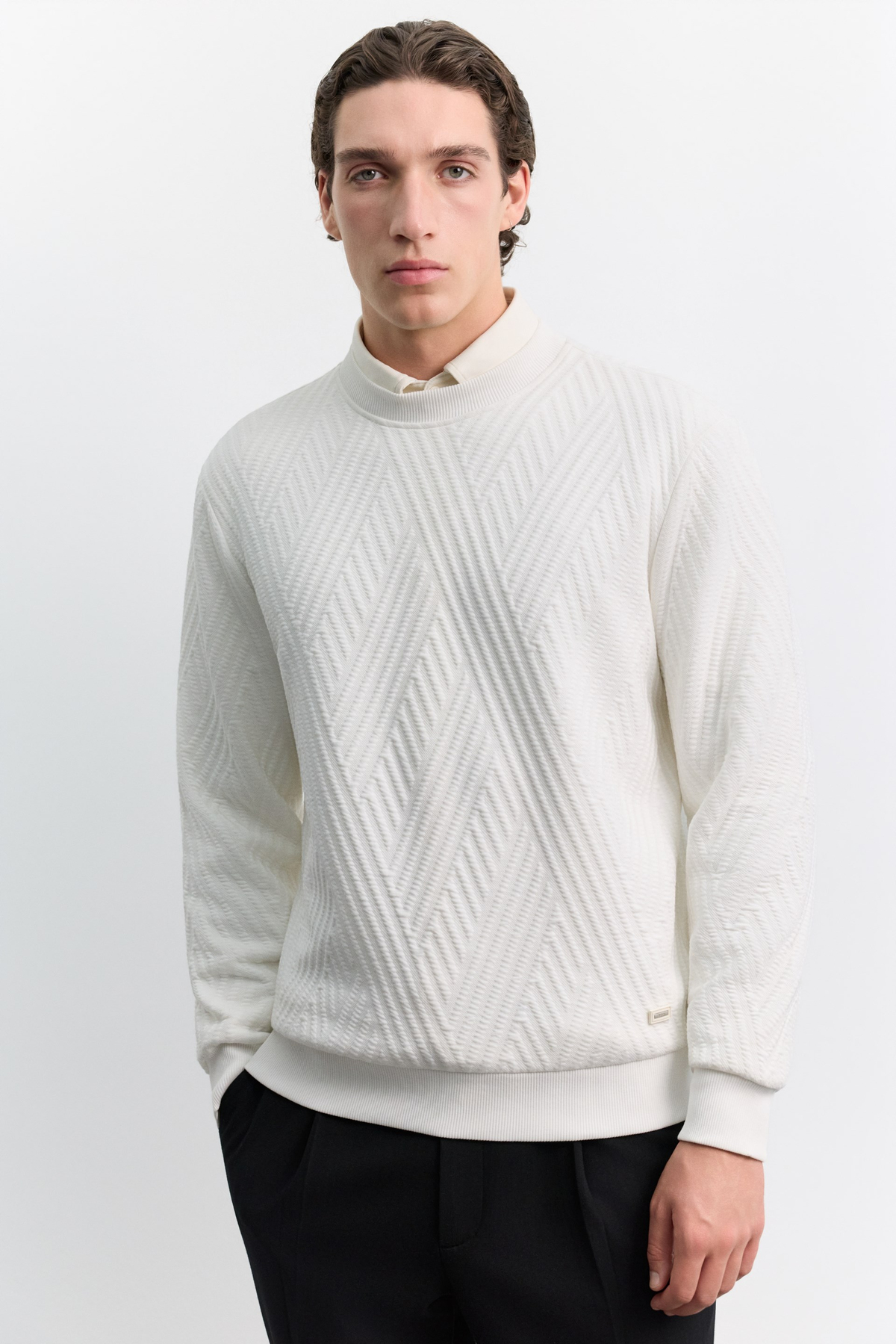 Ekru Bisiklet Yaka Jakarlı Sweatshirt