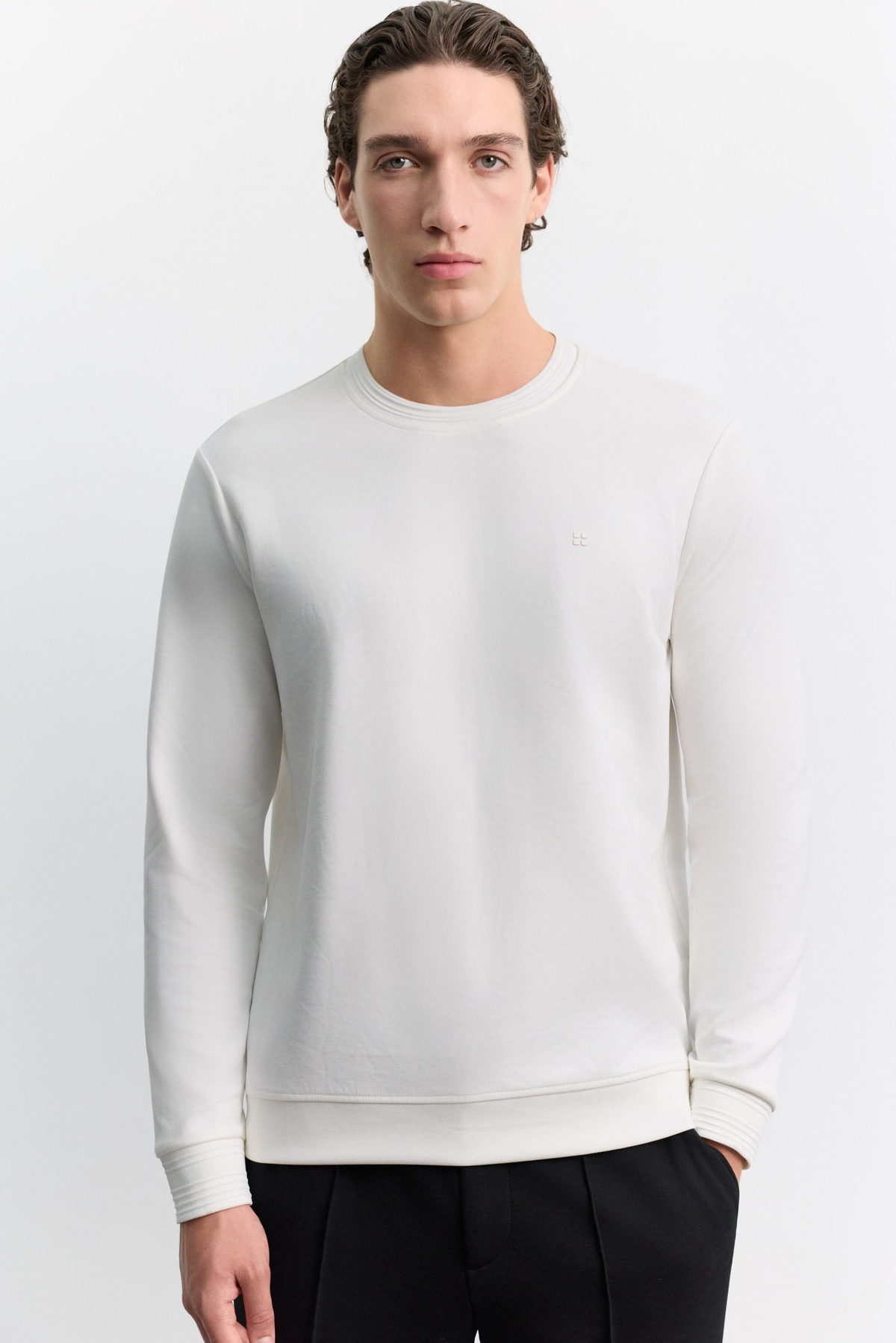 Ekru Bisiklet Yaka Fitil Ribana İnterlok  Sweatshirt