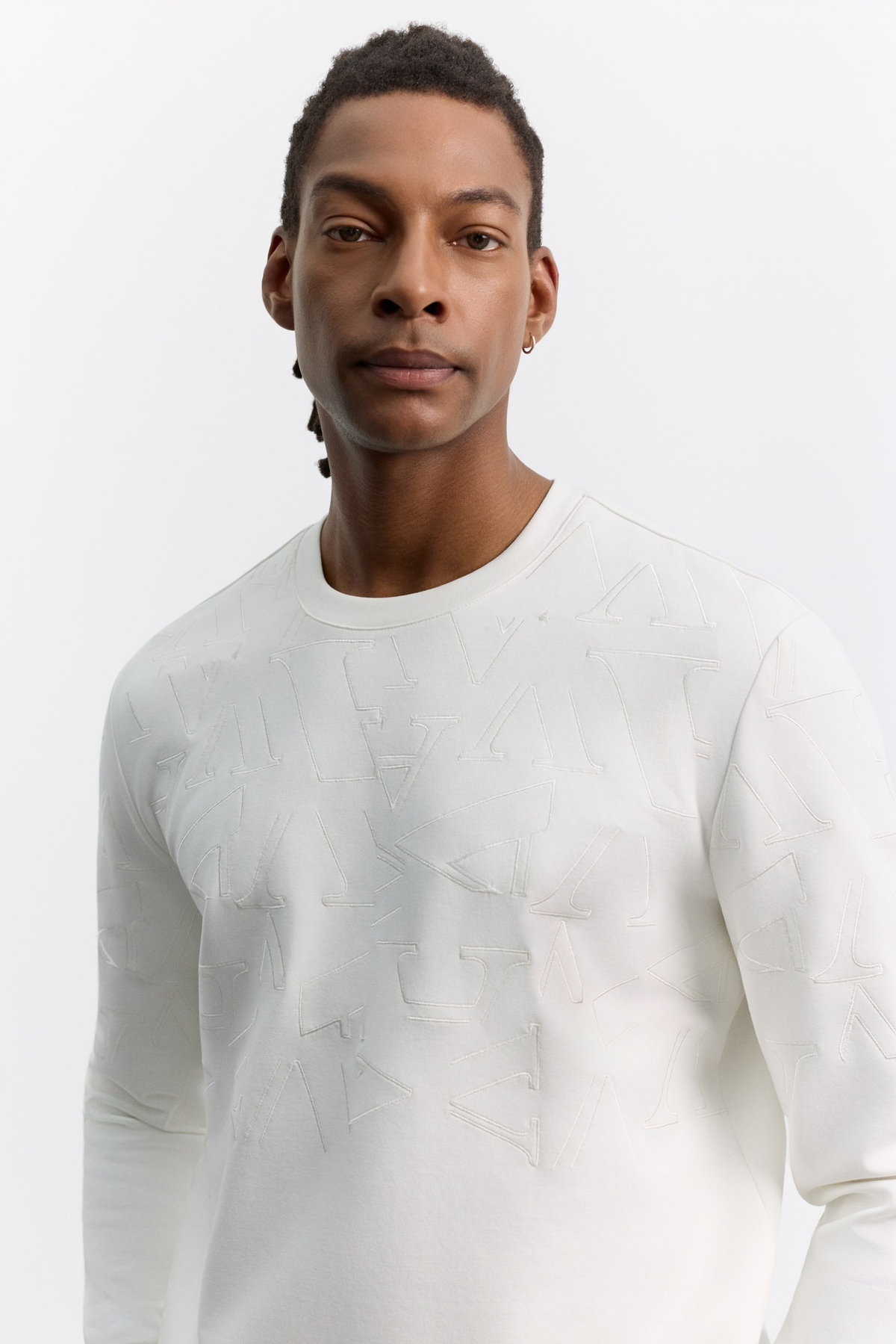 Ekru Bisiklet Yaka Nakışlı İnterlok Sweatshirt