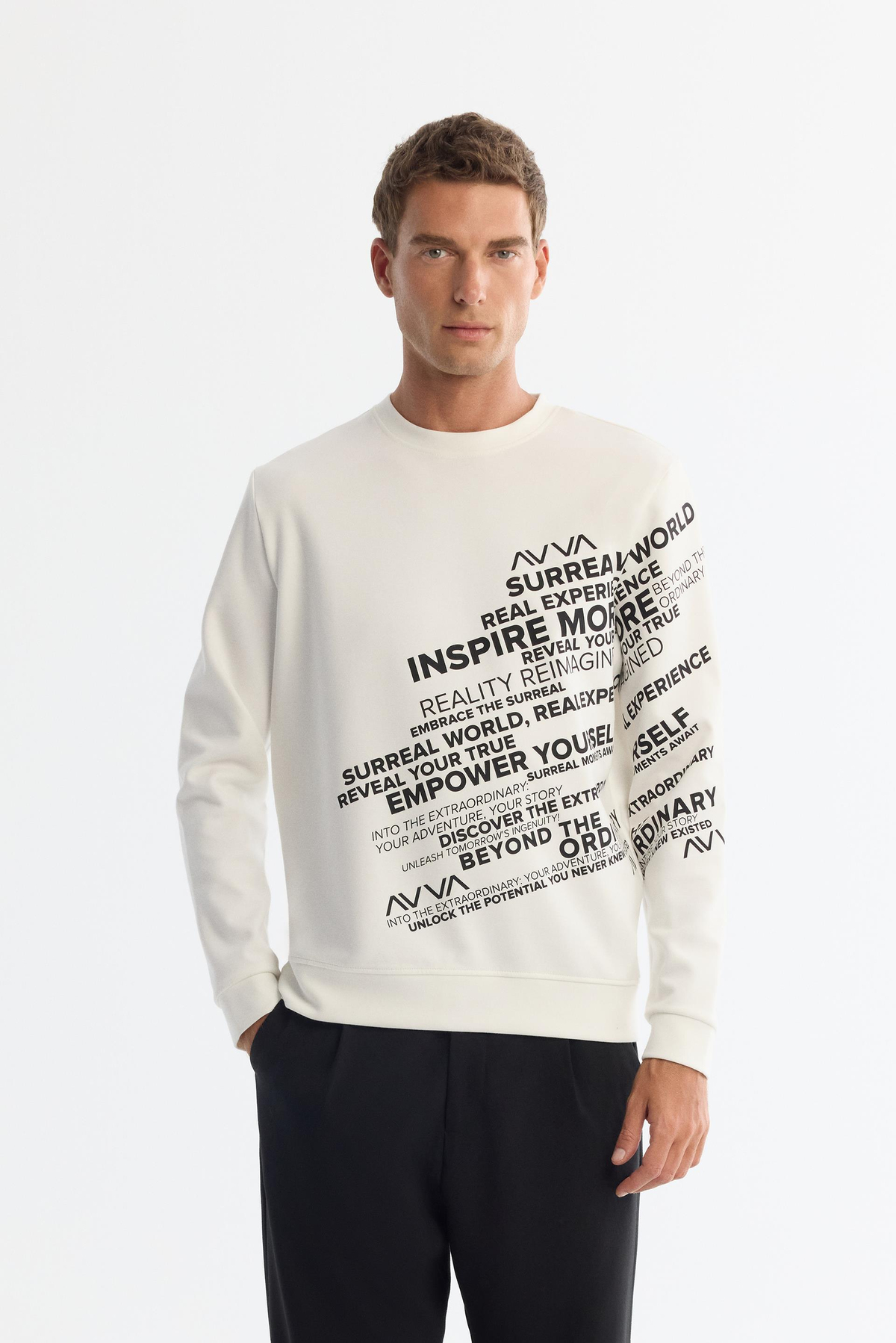 Ekru Bisiklet Yaka Pamuklu Baskılı Sweatshirt