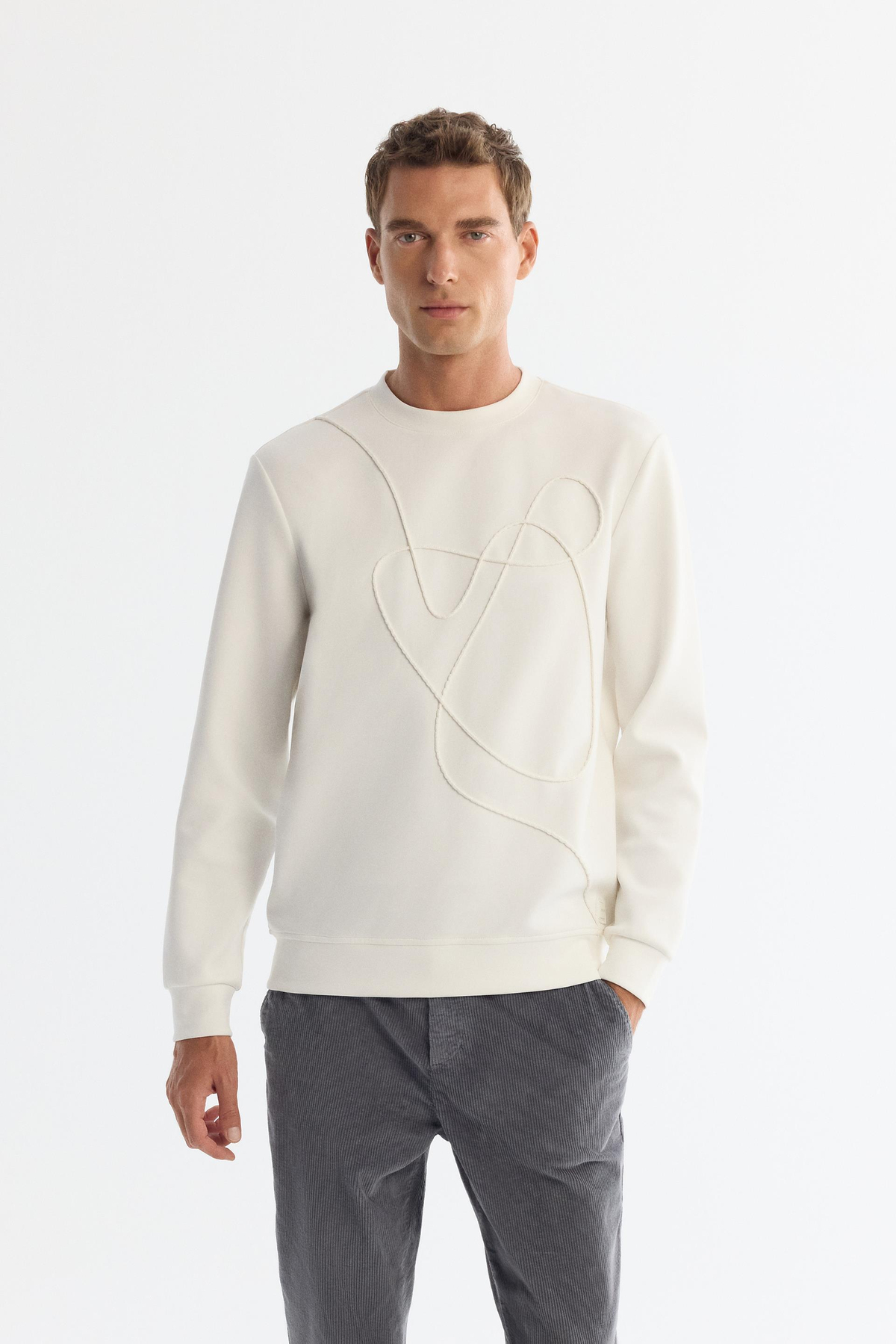 Ekru Bisiklet Yaka Pamuklu Baskılı Sweatshirt