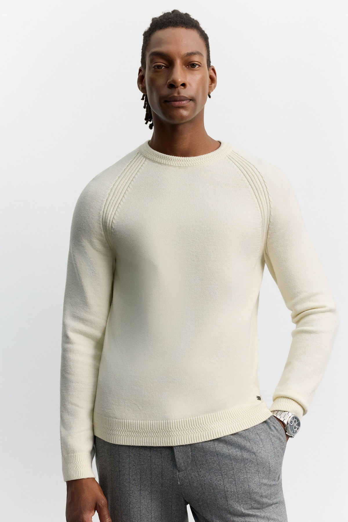 Ekru Bisiklet Yaka Reglan Kol Soft Touch Kalın Kazak