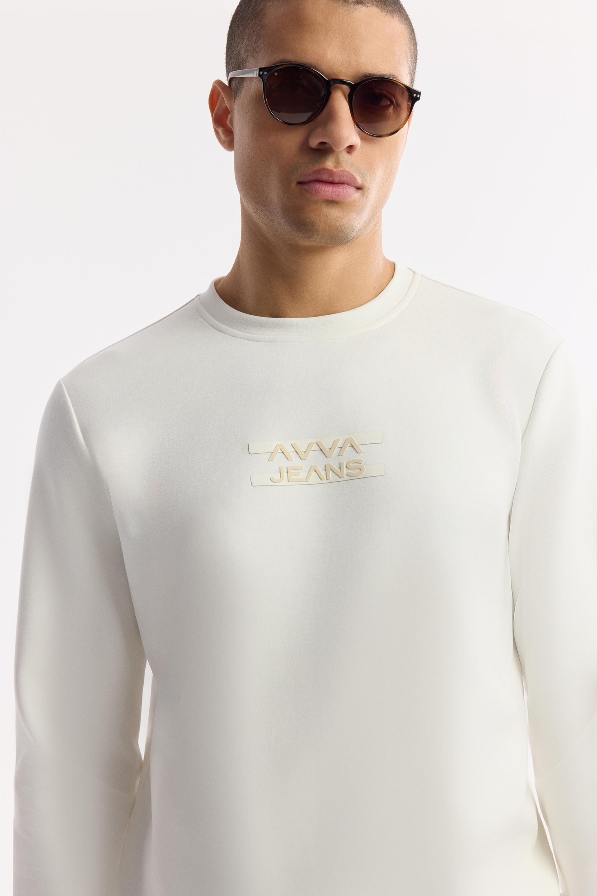 Ekru Bisiklet Yaka Silikon Transfer Baskılı İnterlok Sweatshirt