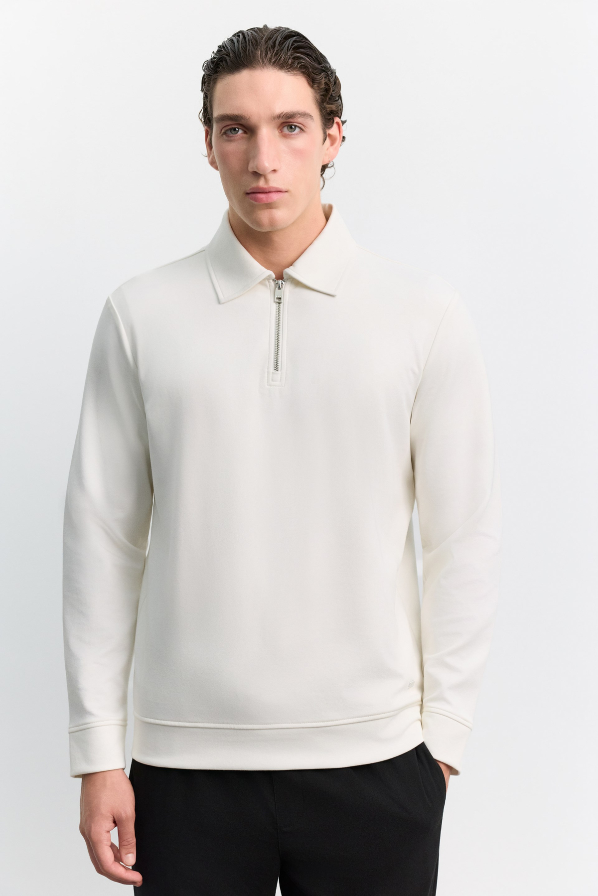 Ekru Polo Yaka Fermuarlı İnterlok  Sweatshirt