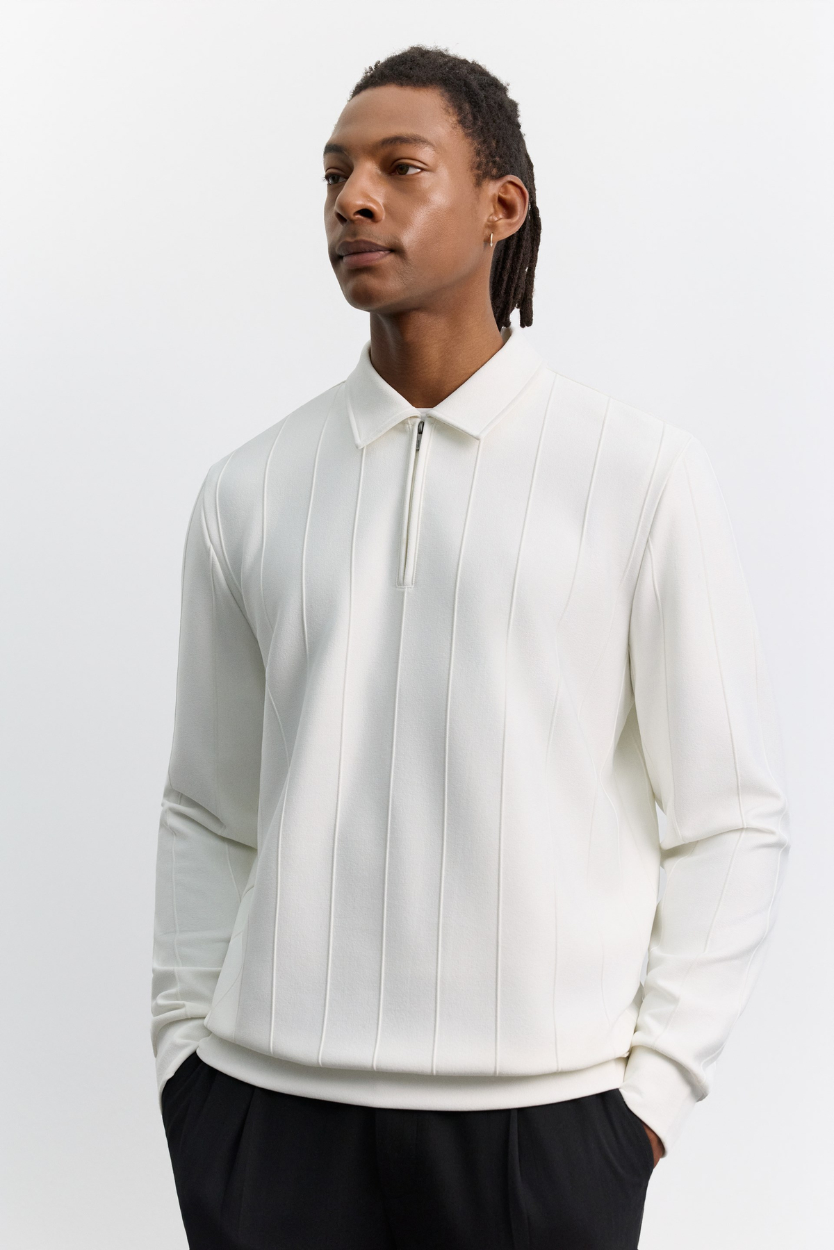 Ekru Polo Yaka Fermuarlı Jakarlı Sweatshirt