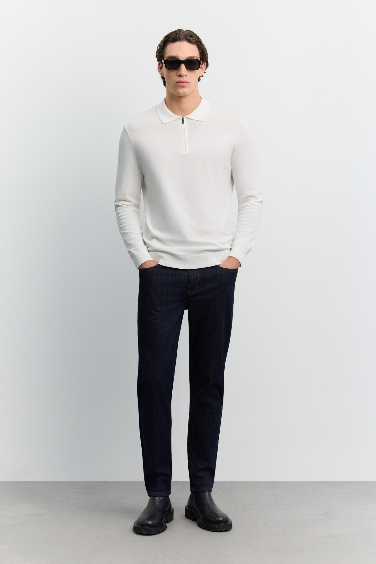 Ekru Polo Yaka Fermuarlı Rayon Tüylenmeyen Basic Triko Kazak