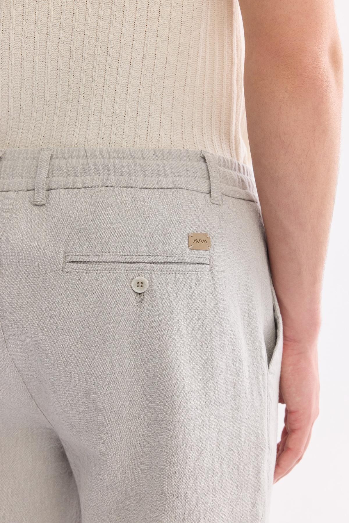 Gri Beli Bağcıklı Keten Karışımlı Chino Pantolon
