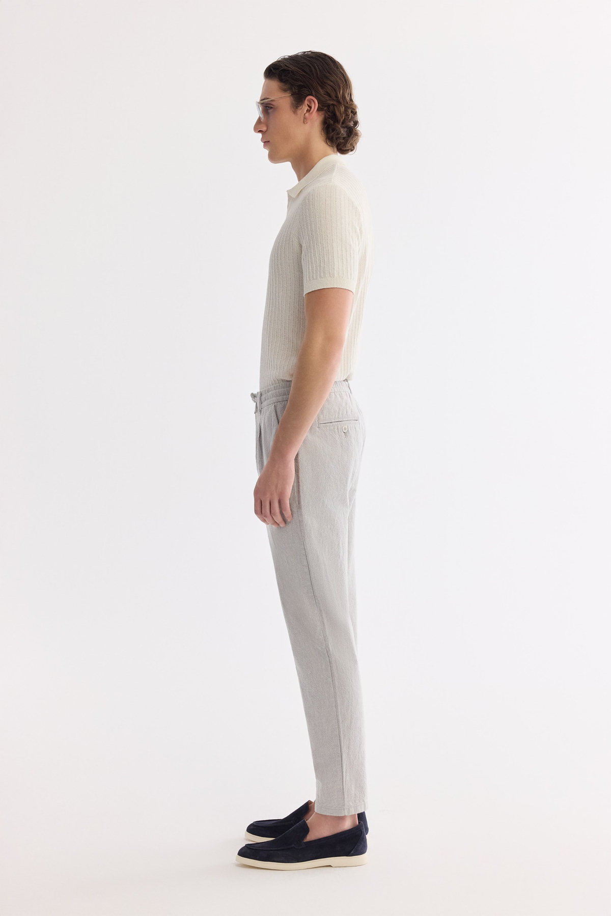Gri Beli Bağcıklı Keten Karışımlı Chino Pantolon