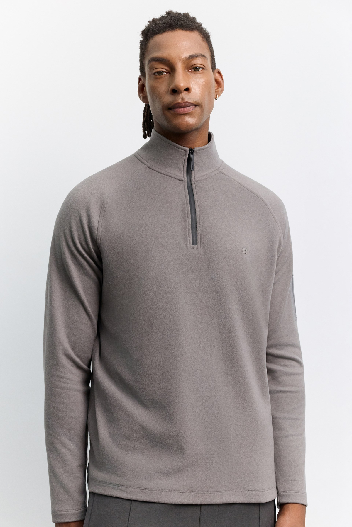 Gri Dik Yaka Fermuarlı  Polar Sweatshirt
